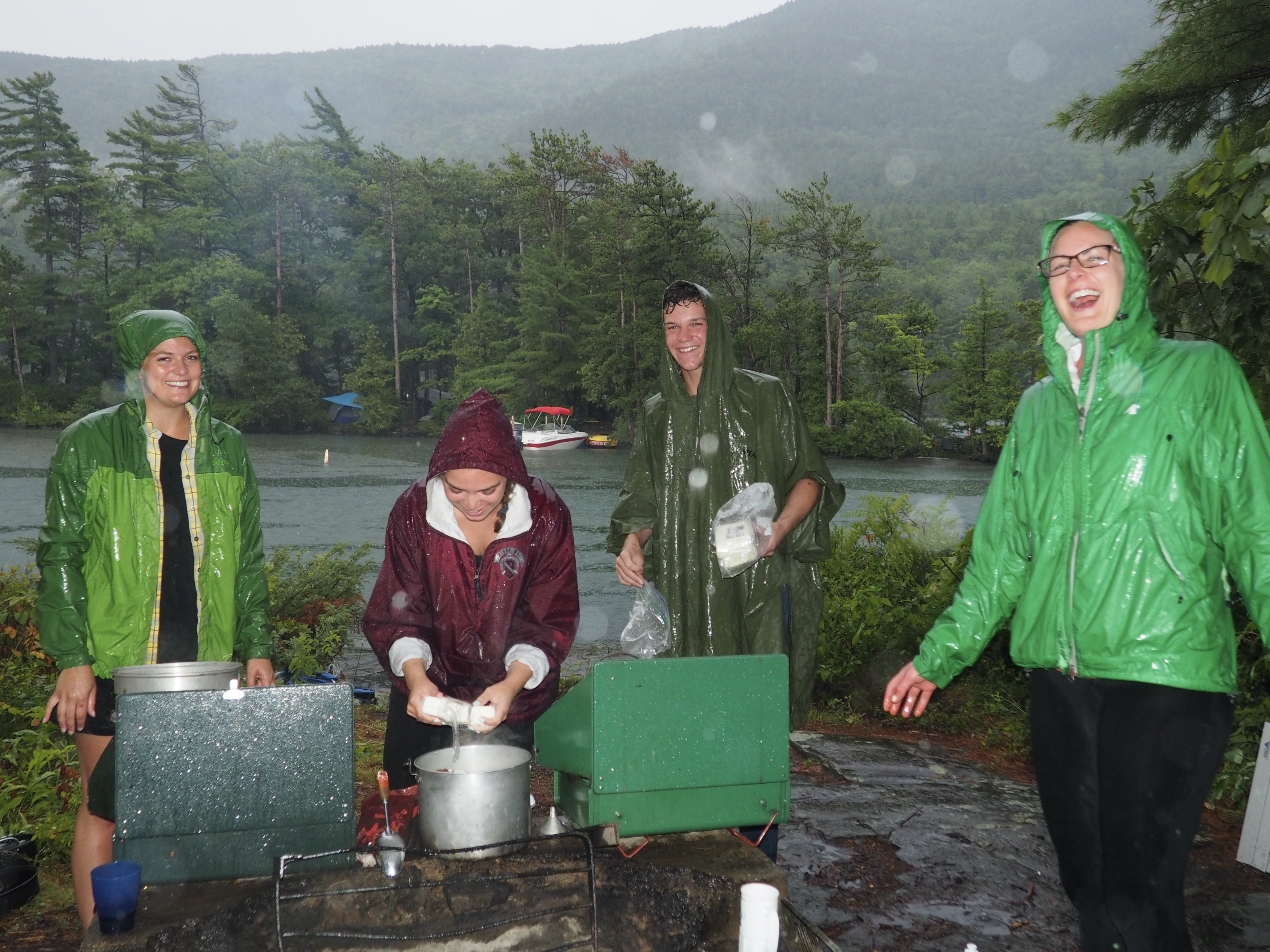 Cooking in the rain presents challenges.
