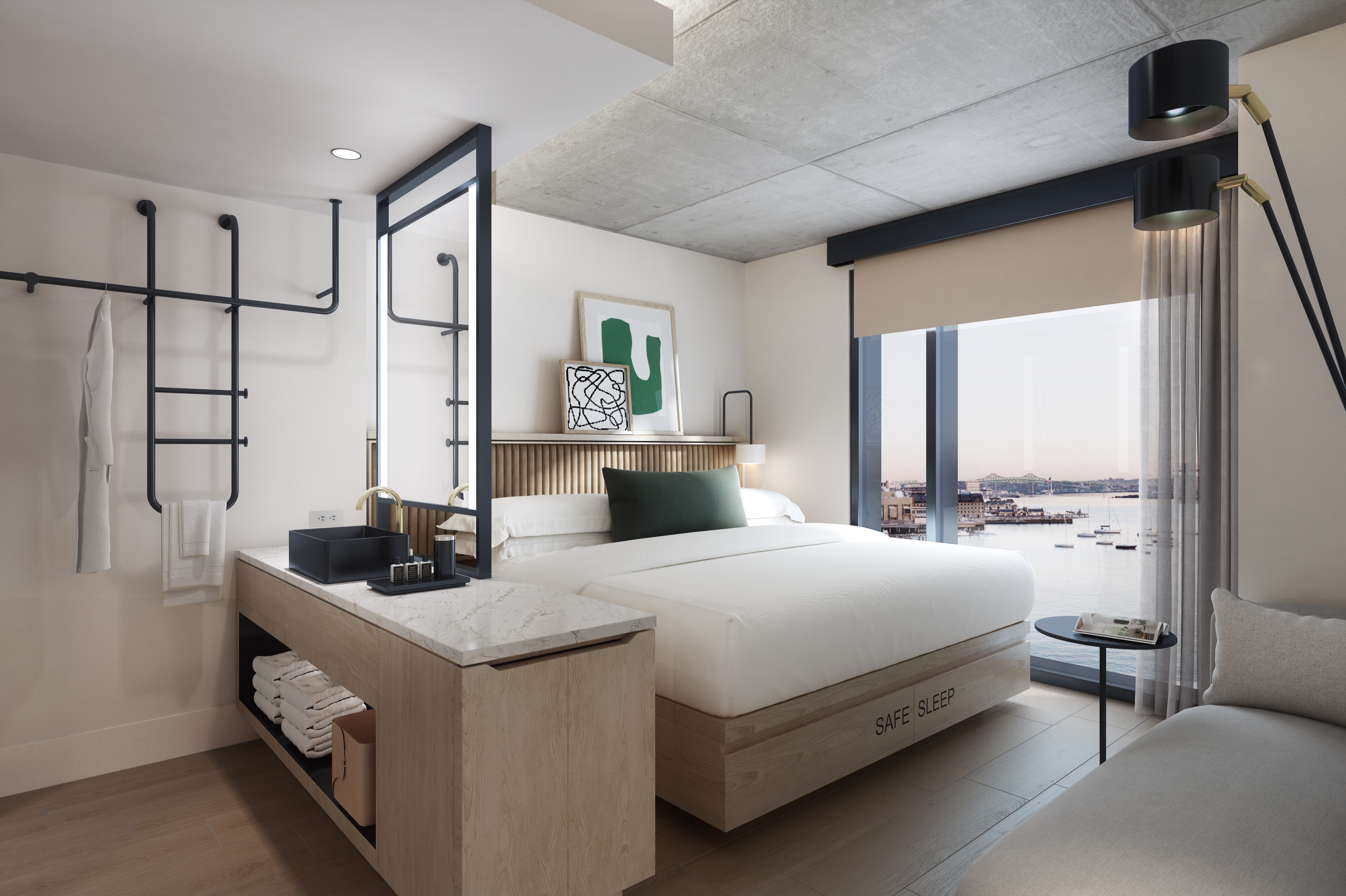 A rendering of a loft-like guest room that will be located in the east tower of the forthcoming Omni Boston Hotel at the Seaport.