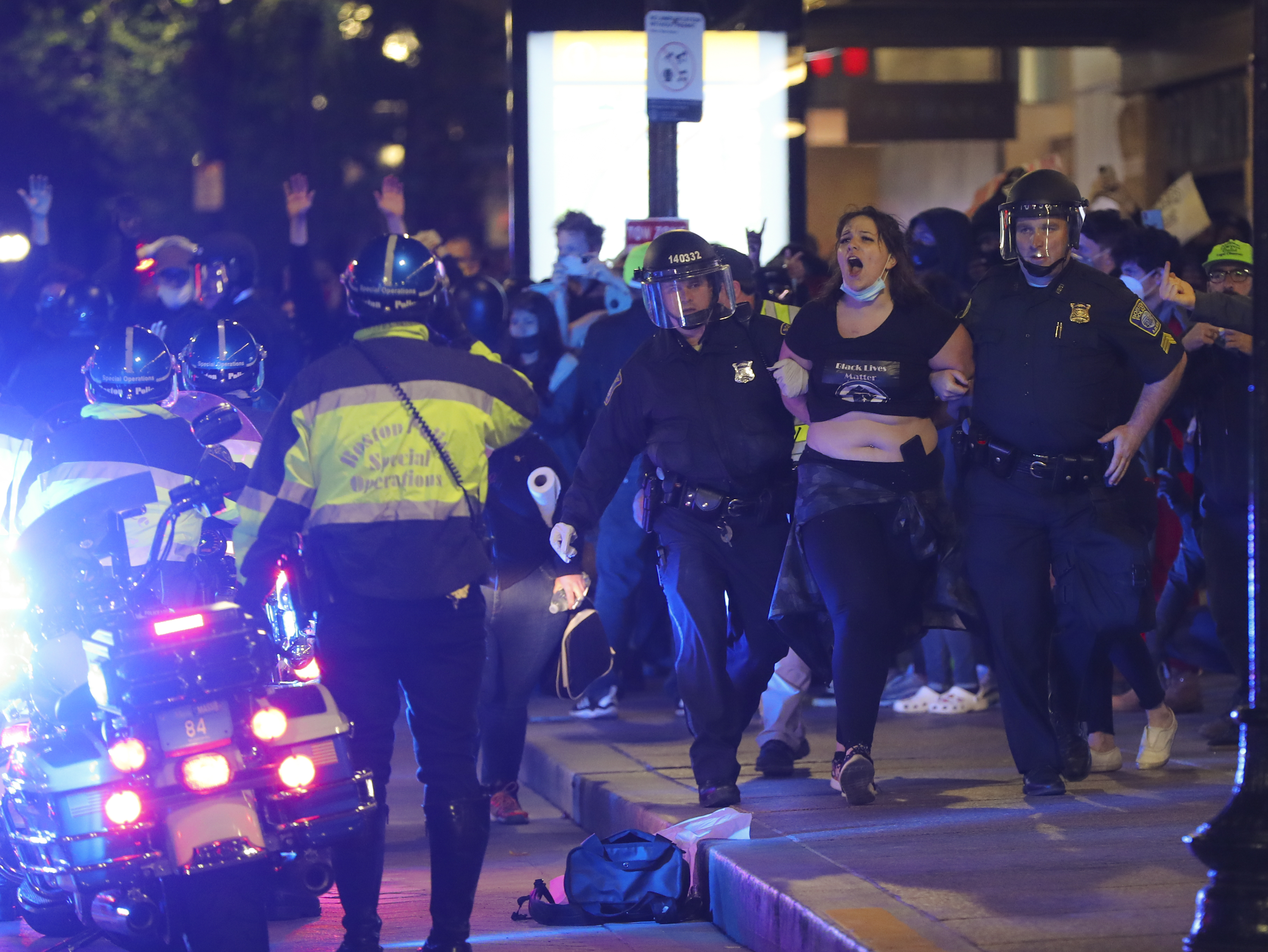 Boston police arrested a protester in Downtown Crossing.