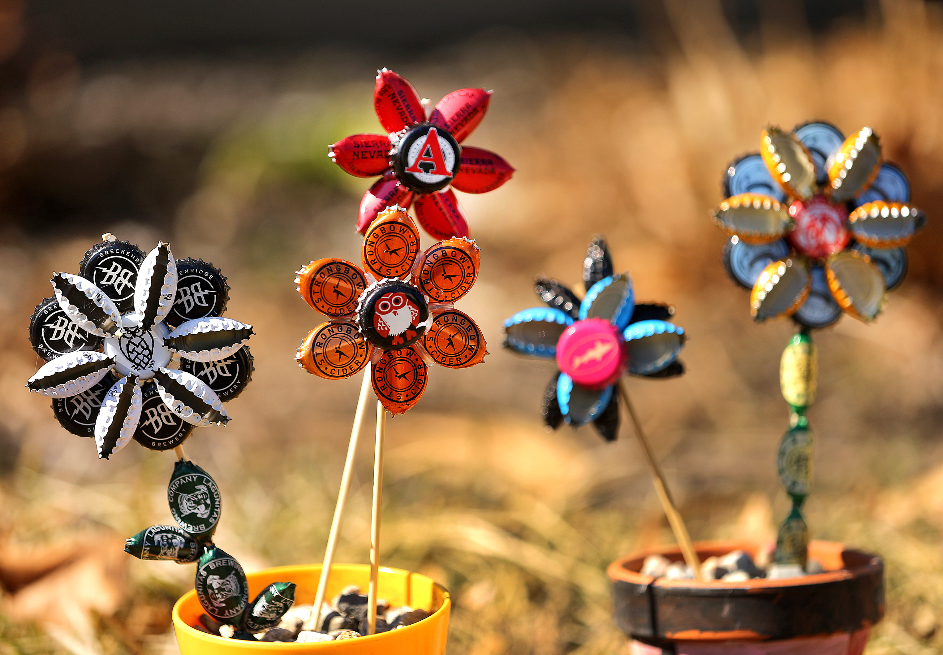 At 66 Chapman St.: Flowers were made from old bottle caps.