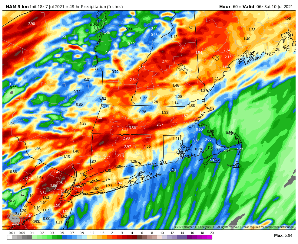 The heaviest rain through Friday night will be west of the track of Elsa. Presently this looks to be roughly from Boston to Providence and points north.