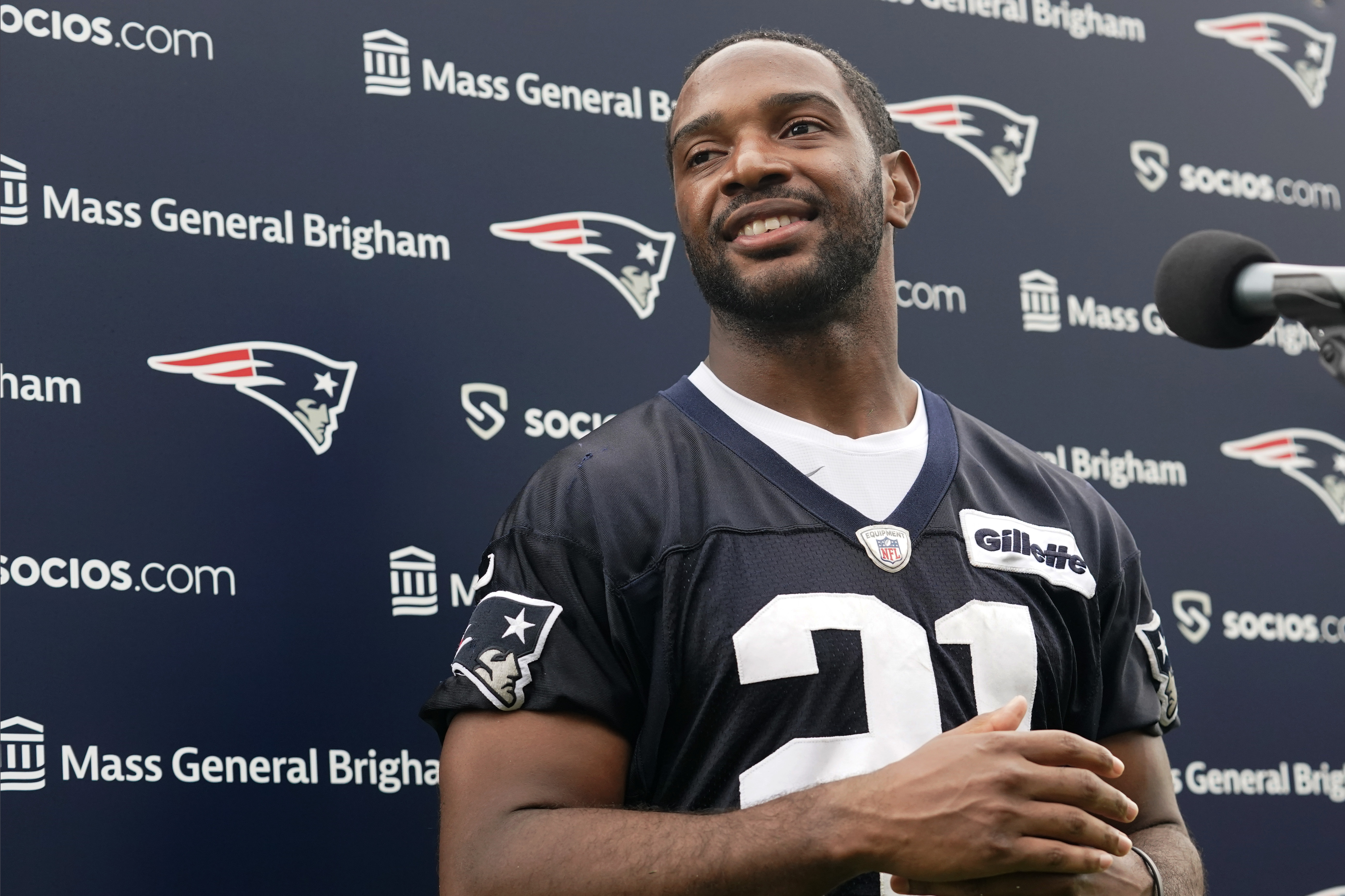 Adrian Phillips meets the media at the end of a training camp practice in July.