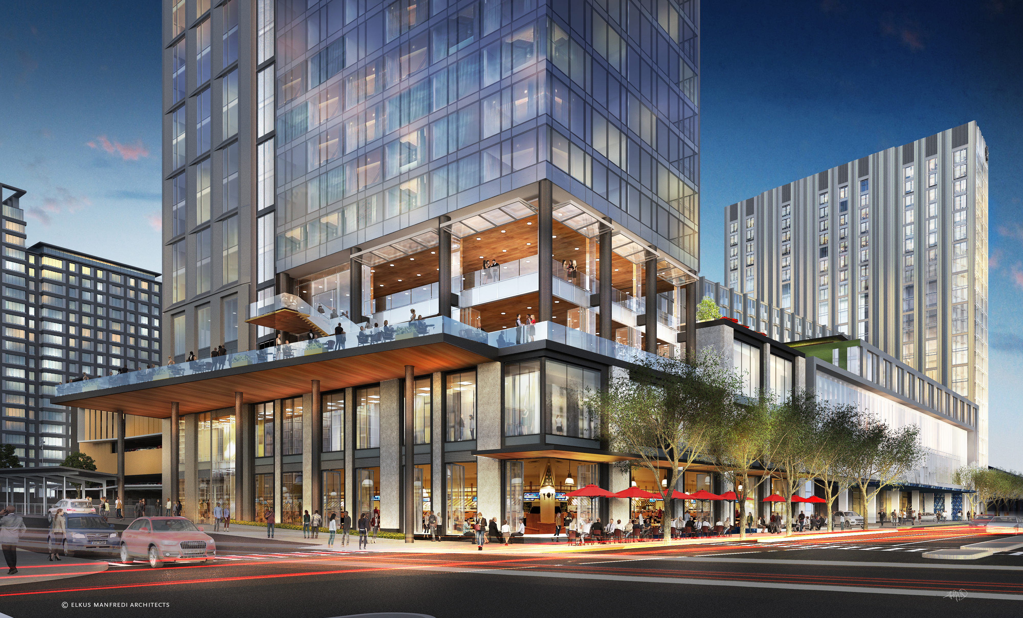 An exterior rendering of the new Omni Hotel Boston at the Seaport.