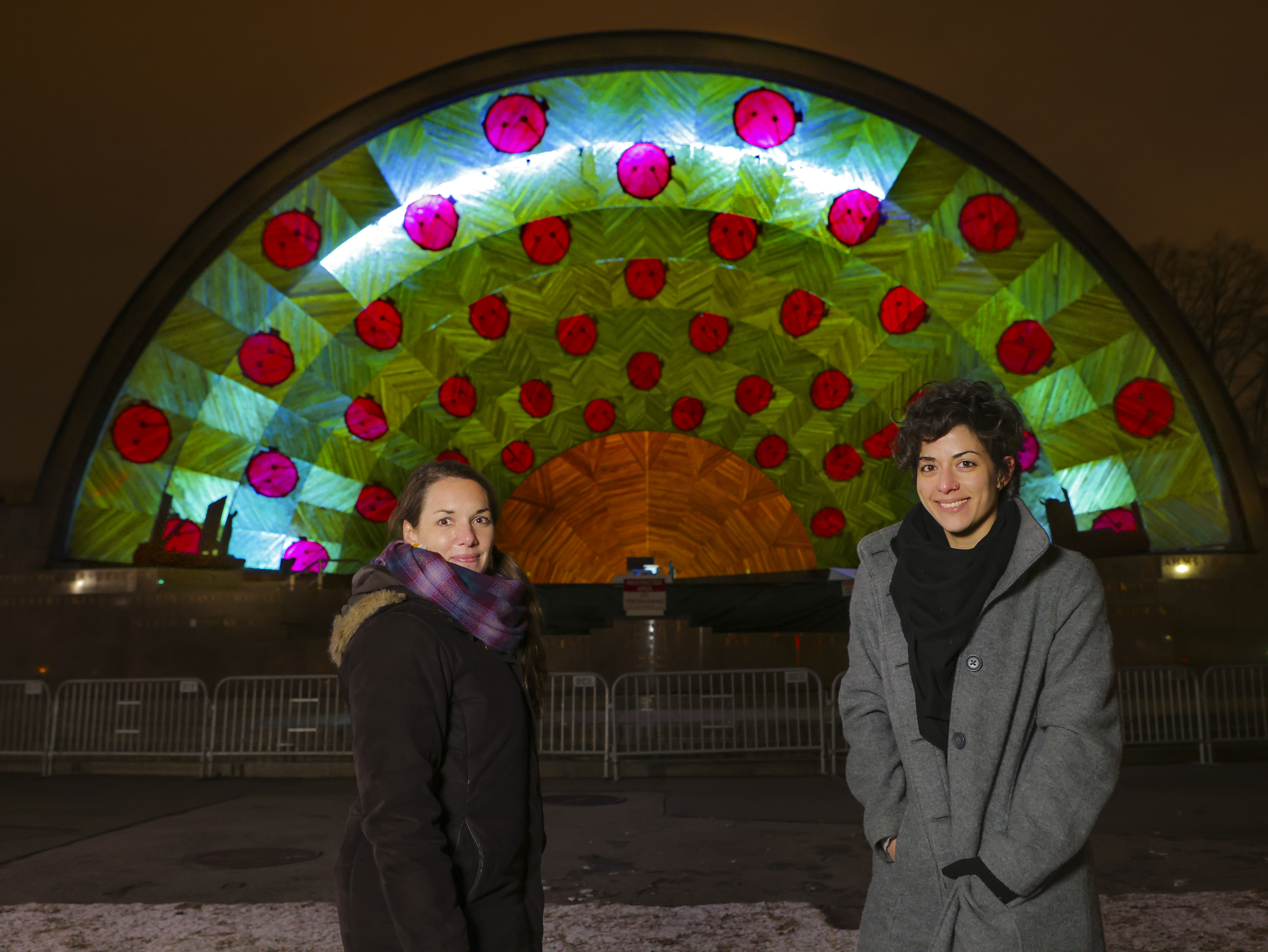 Maria Finkelmeier, left, stood before "Hatched" Thursday evening with technical director and projectionist Pamela Hersch.