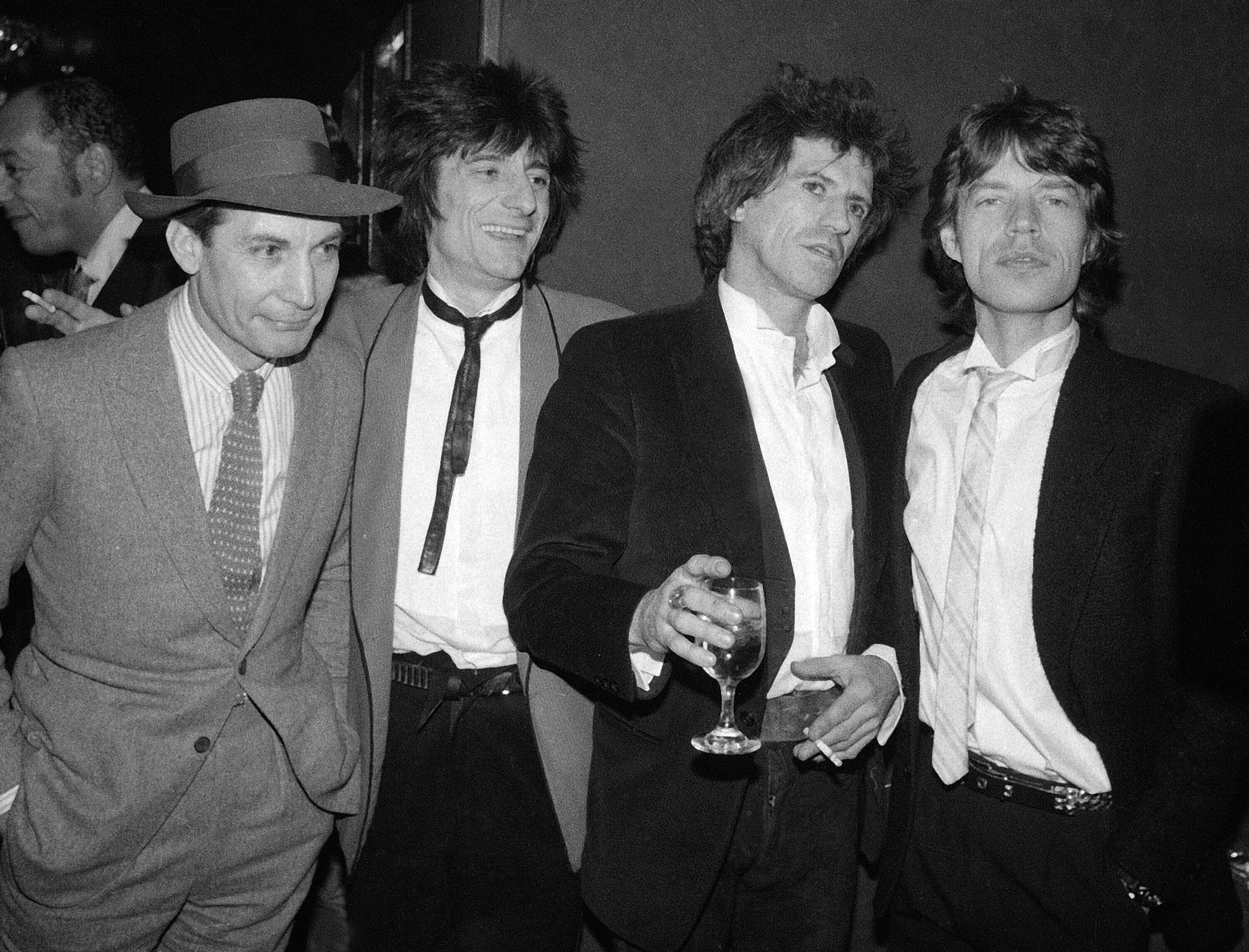 From left, the Stones' Charlie Watts, Ron Wood, Keith Richards, and Mick Jagger appeared at a party in New York on Jan. 18, 1983.