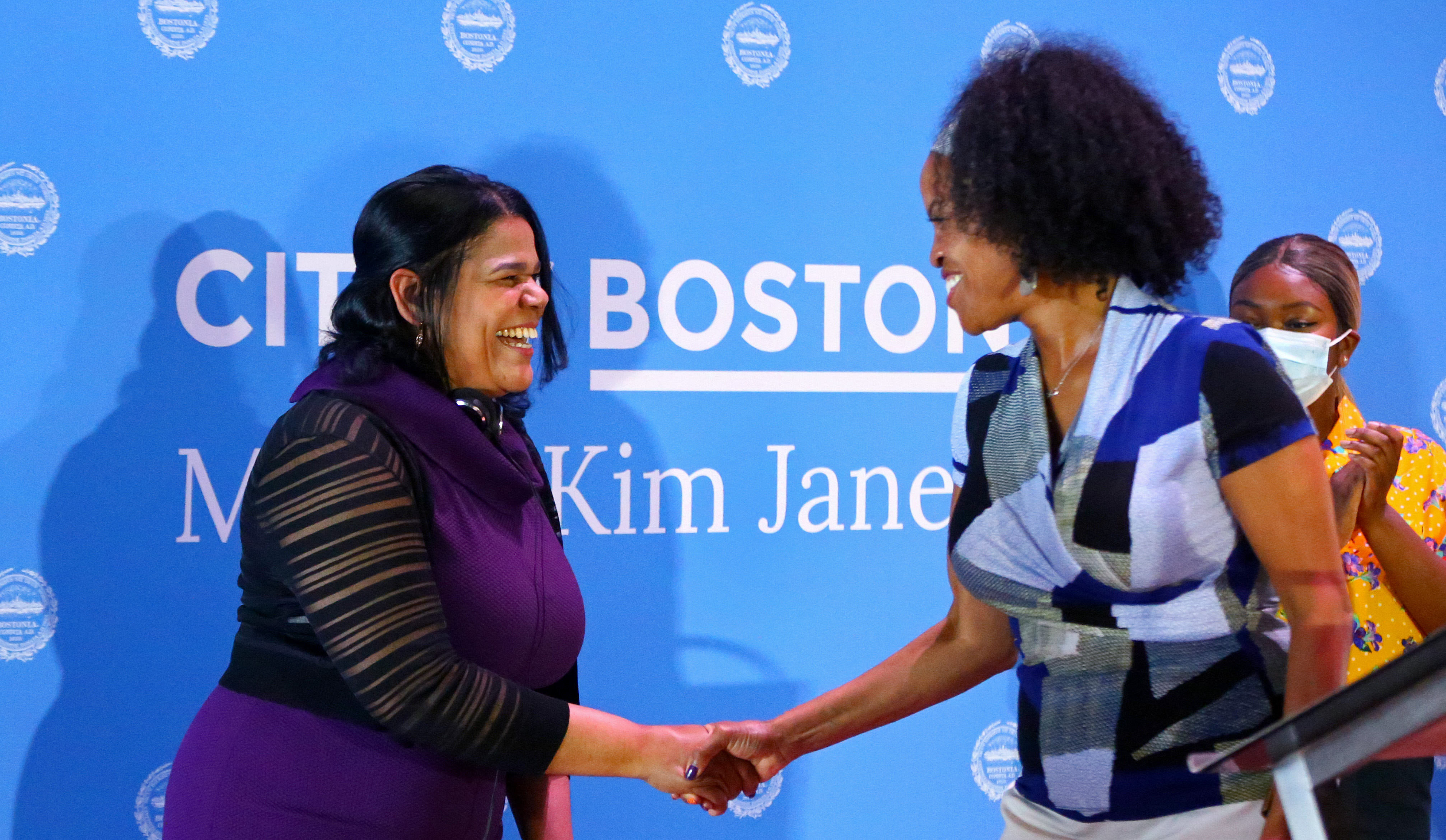 Rafaela Polanco Garcia was congratulated by Boston's Acting Mayor Kim Janey after she was sworn in as one of the two new Boston School Committee members.