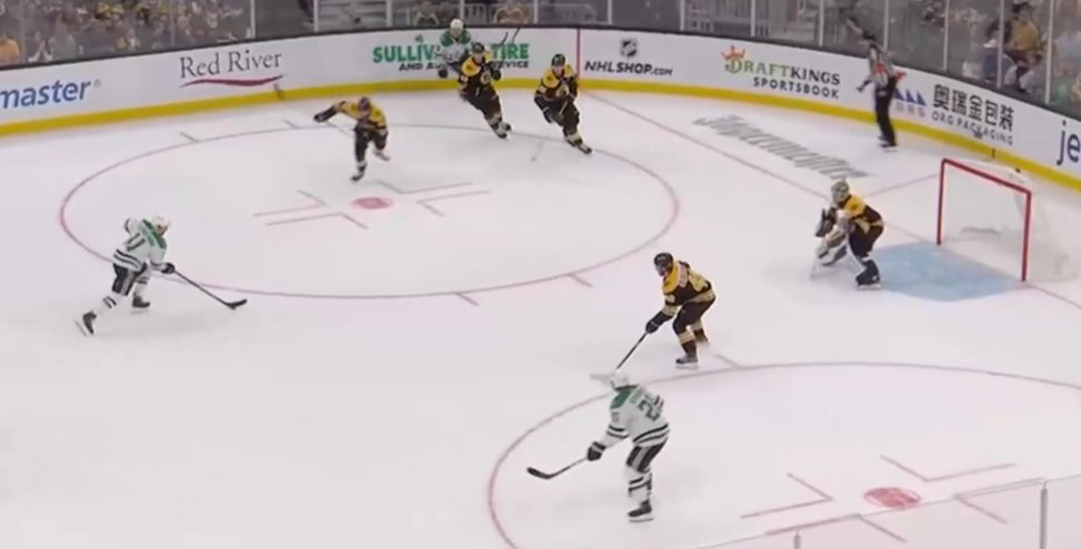 On a shift that lasted too long against the Stars, the Bruins allowed a Luke Glendening goal after triple-covering Tanner Kero (top) along the boards.