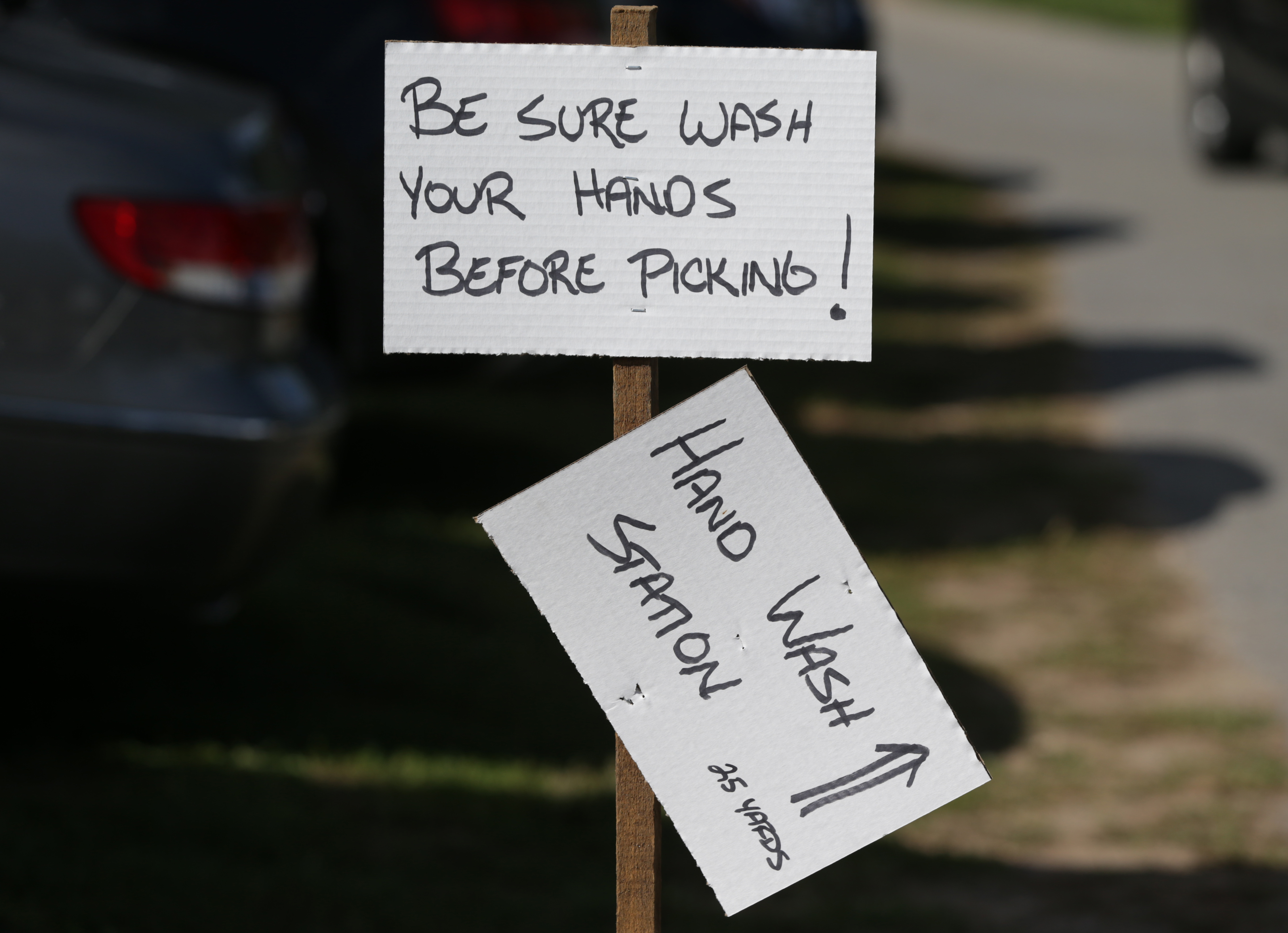 Signs point the way to hand washing stations at Honey Pot Hill Orchards,