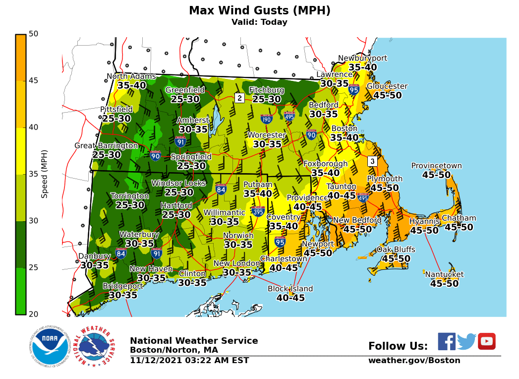 This map shows the maximum wind gusts expected Friday across Massachusetts.