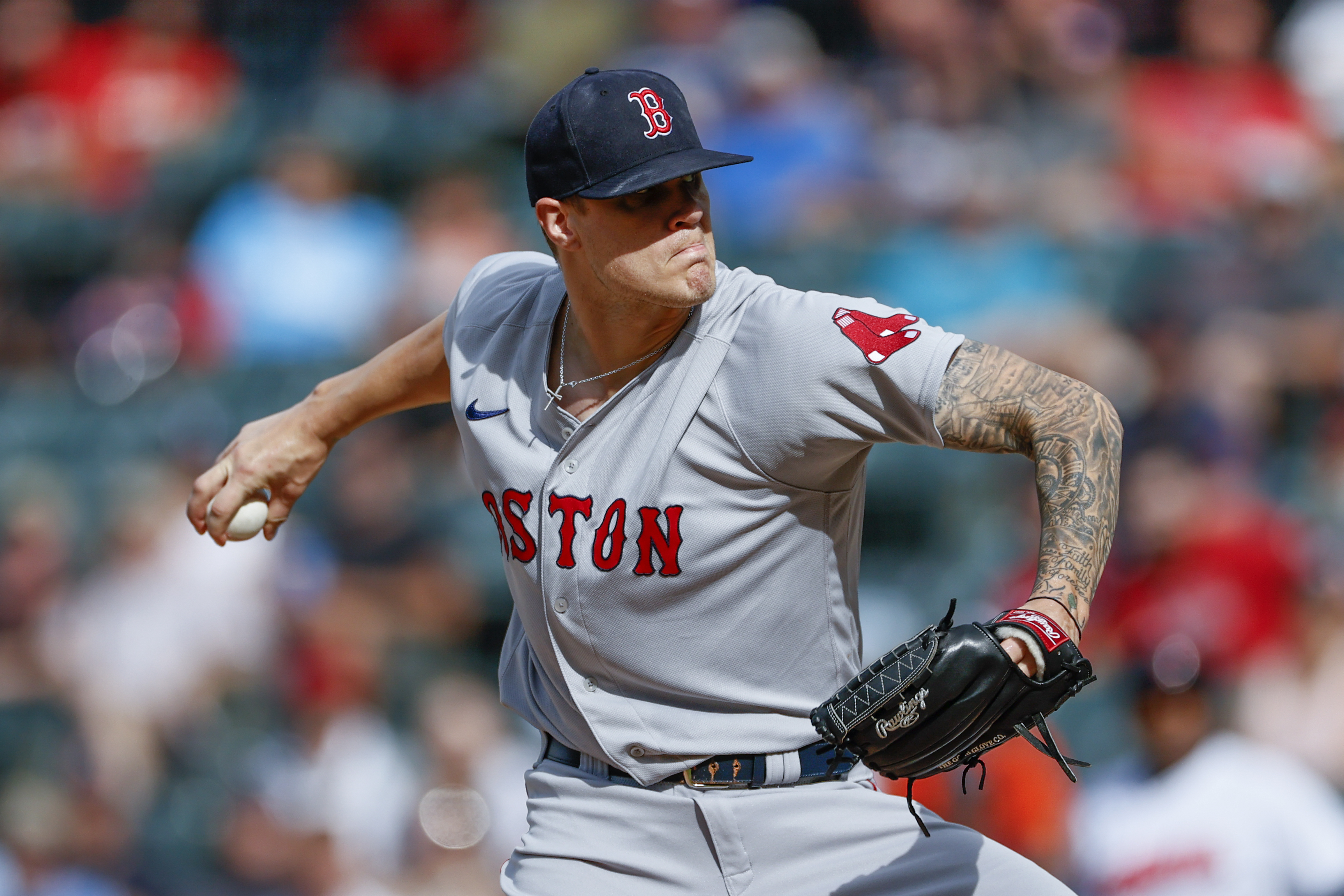 Justin Garza of the Boston Red Sox delivers a pitch against the News  Photo - Getty Images