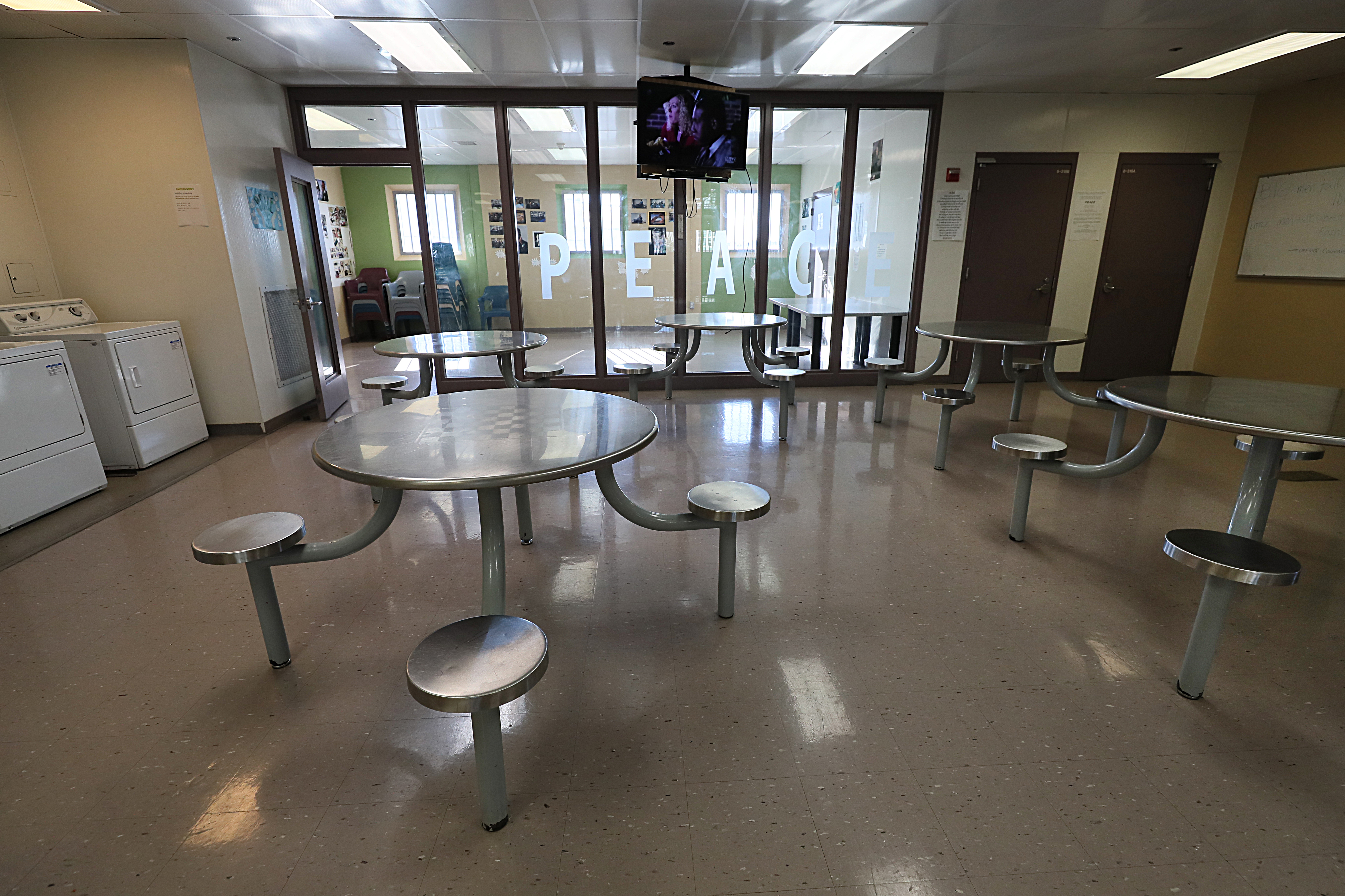 A common area inside Building 8 at the Suffolk County House of Correction.