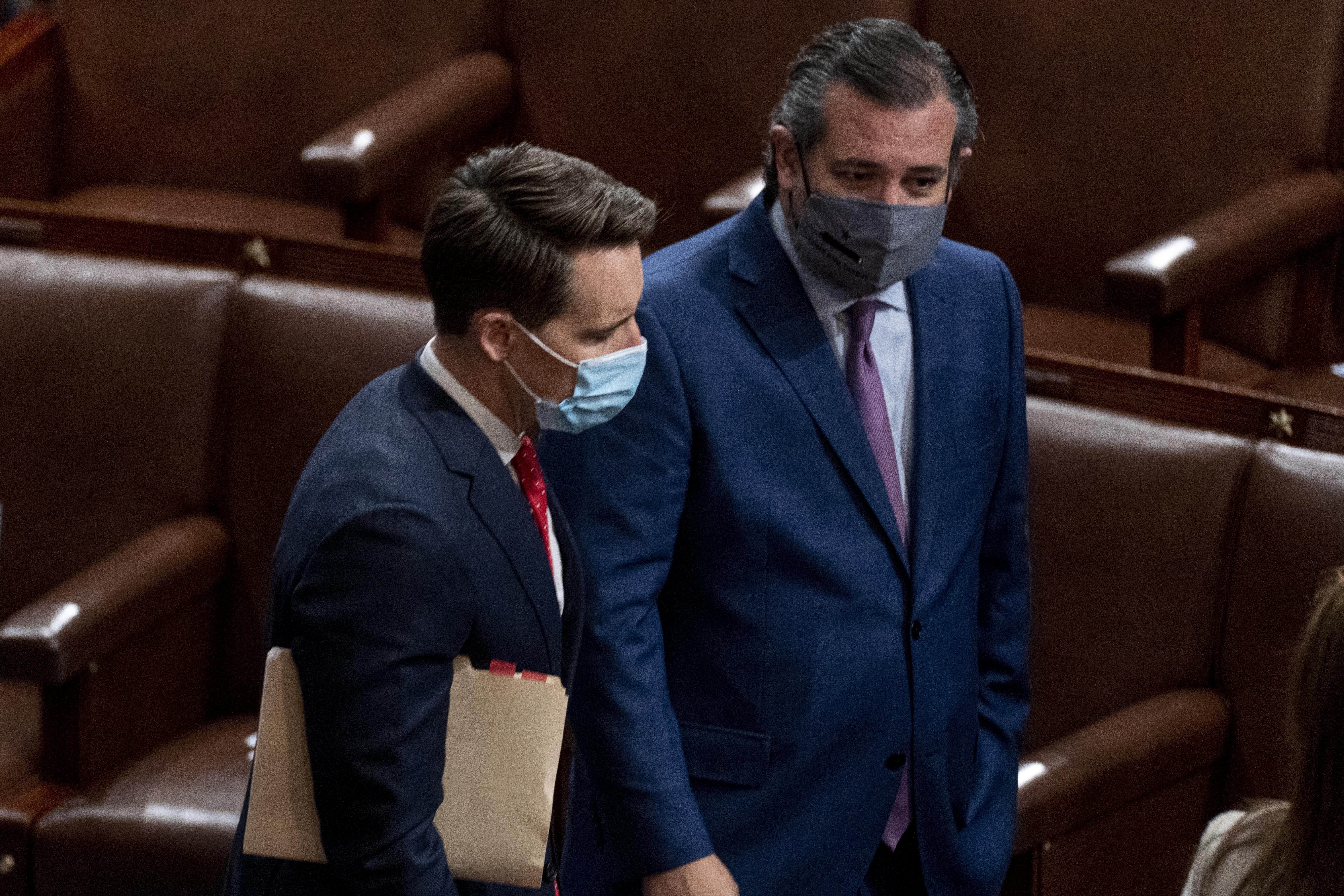 Senators Josh Hawley and Ted Cruz spoke at the Capitol on Jan. 6, hours after a mob fueled by President Trump attacked the building.