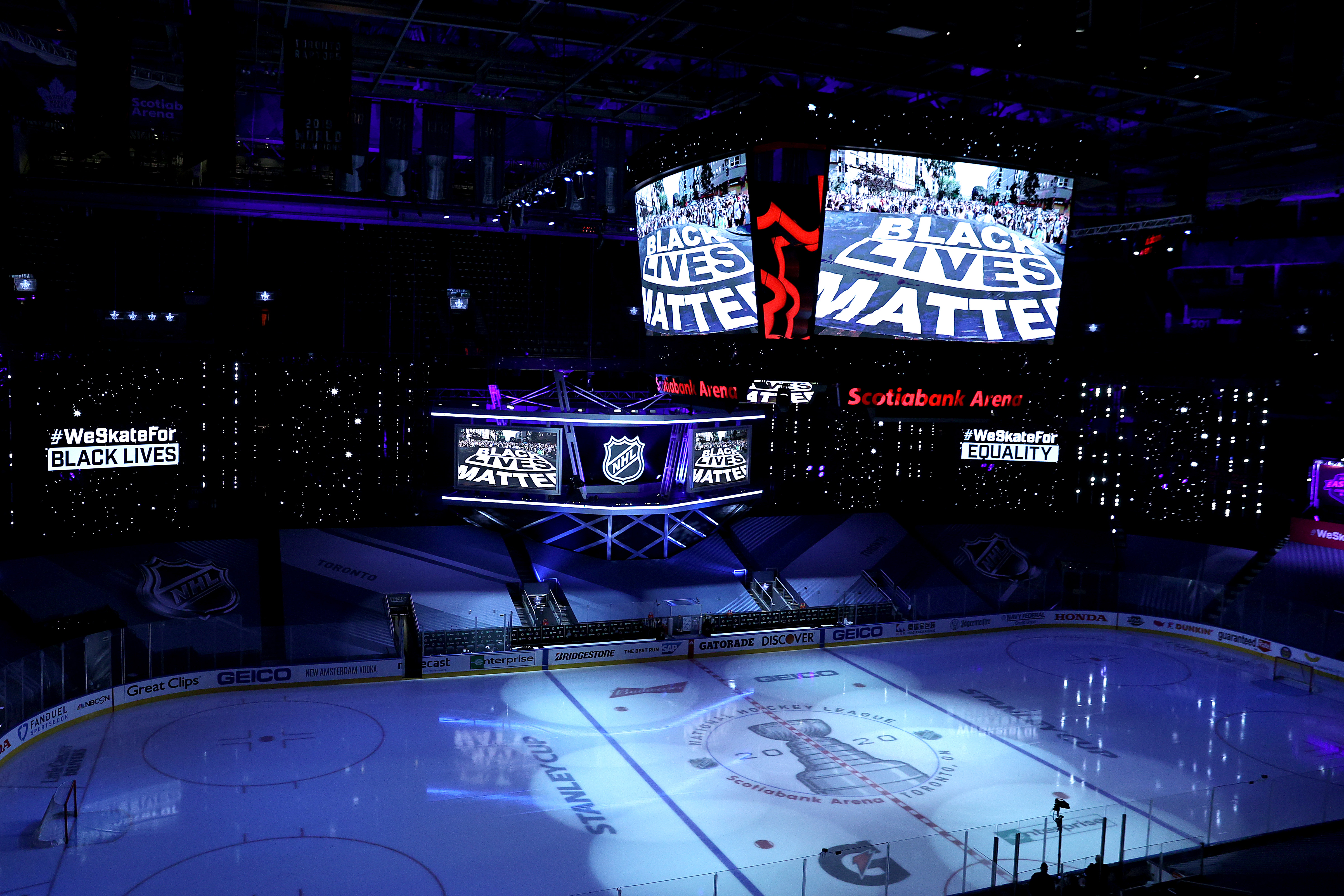 Social justice messaging has been prominent in arenas over the past year, including prior to a Bruins playoff game in Toronto in August of 2020.