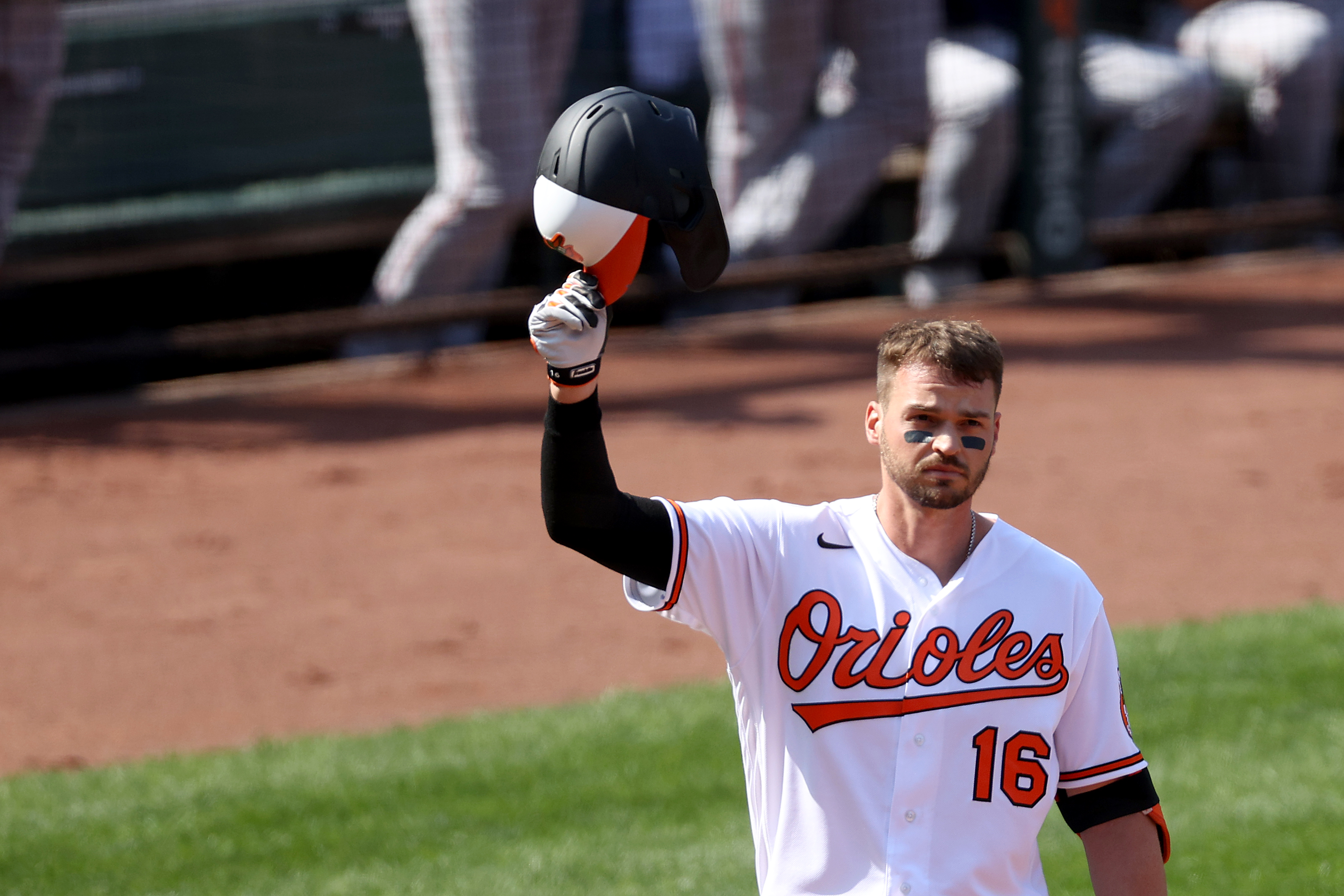 Baltimore's Trey Mancini waves to the crowd before batting in the first inning Thursday against the Red Sox.