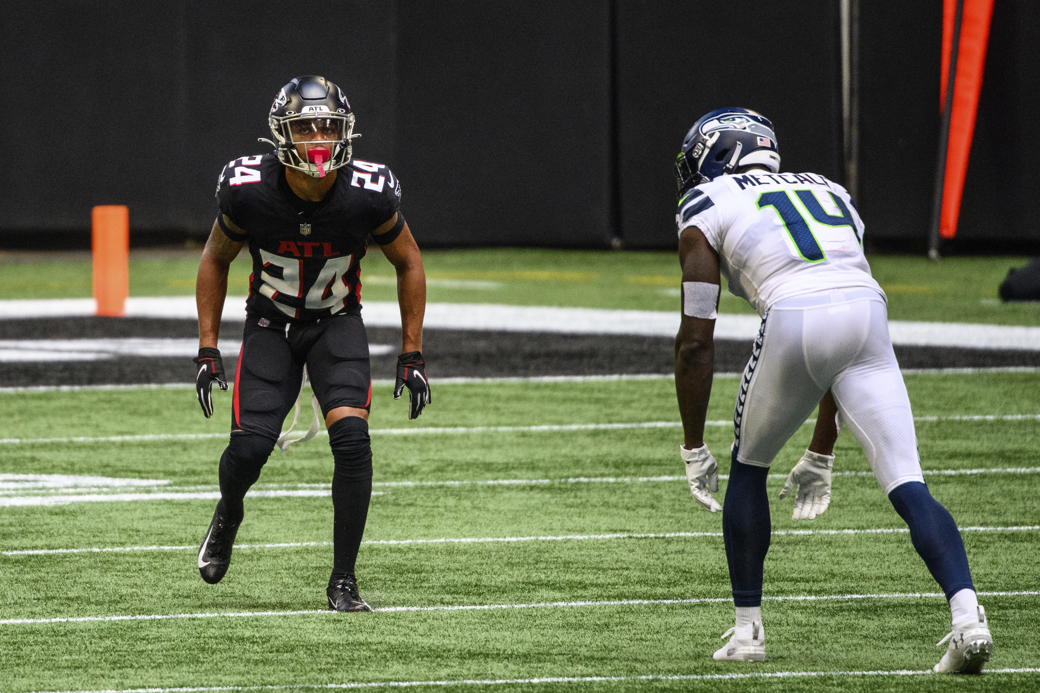 Atlanta Falcons cornerback A.J. Terrell (24) breaks up a pass