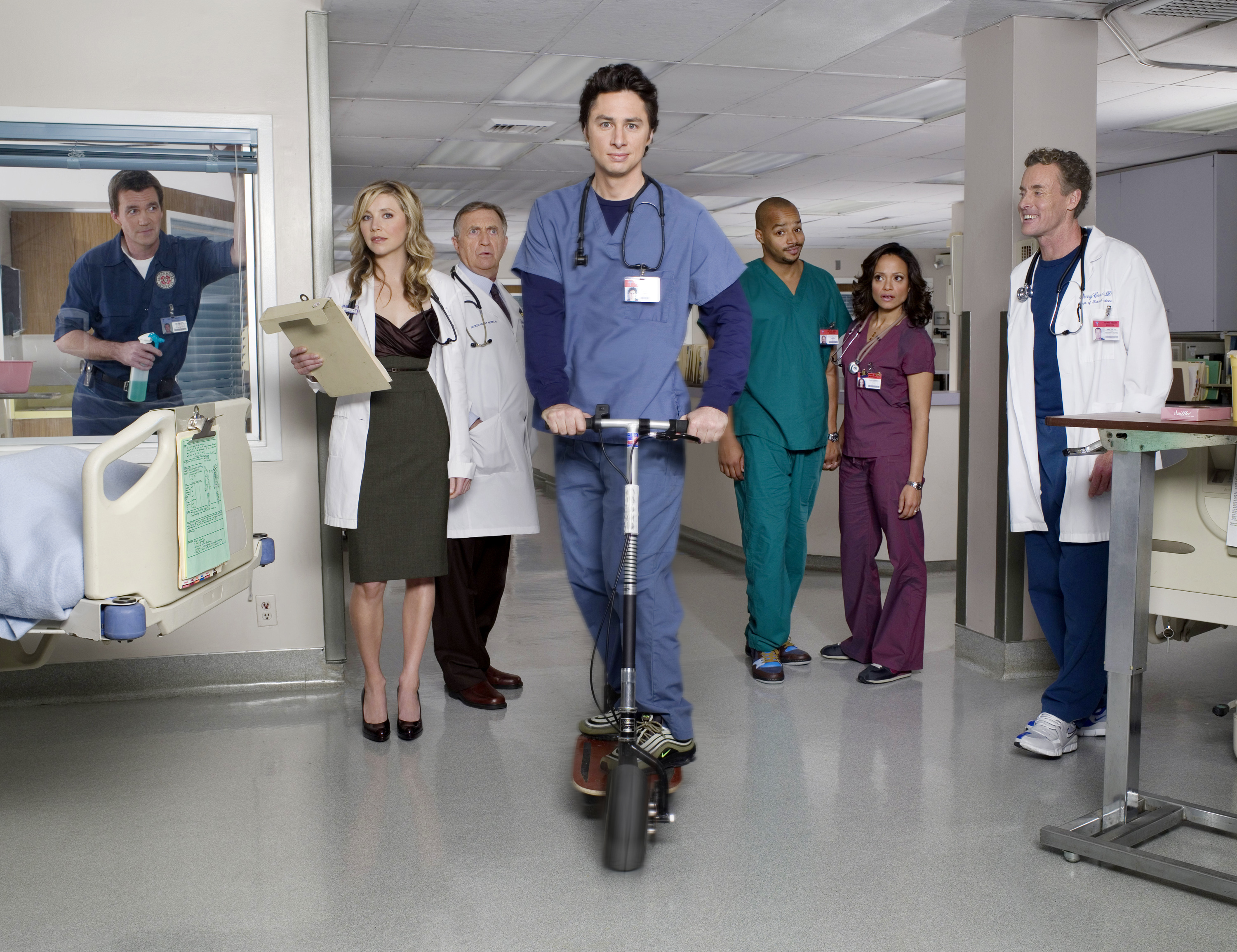 From left: Neil Flynn as The Janitor, Sarah Chalke as Elliot Reid, Ken Jenkins as Dr. Bob Kelso, Zach Braff as John 