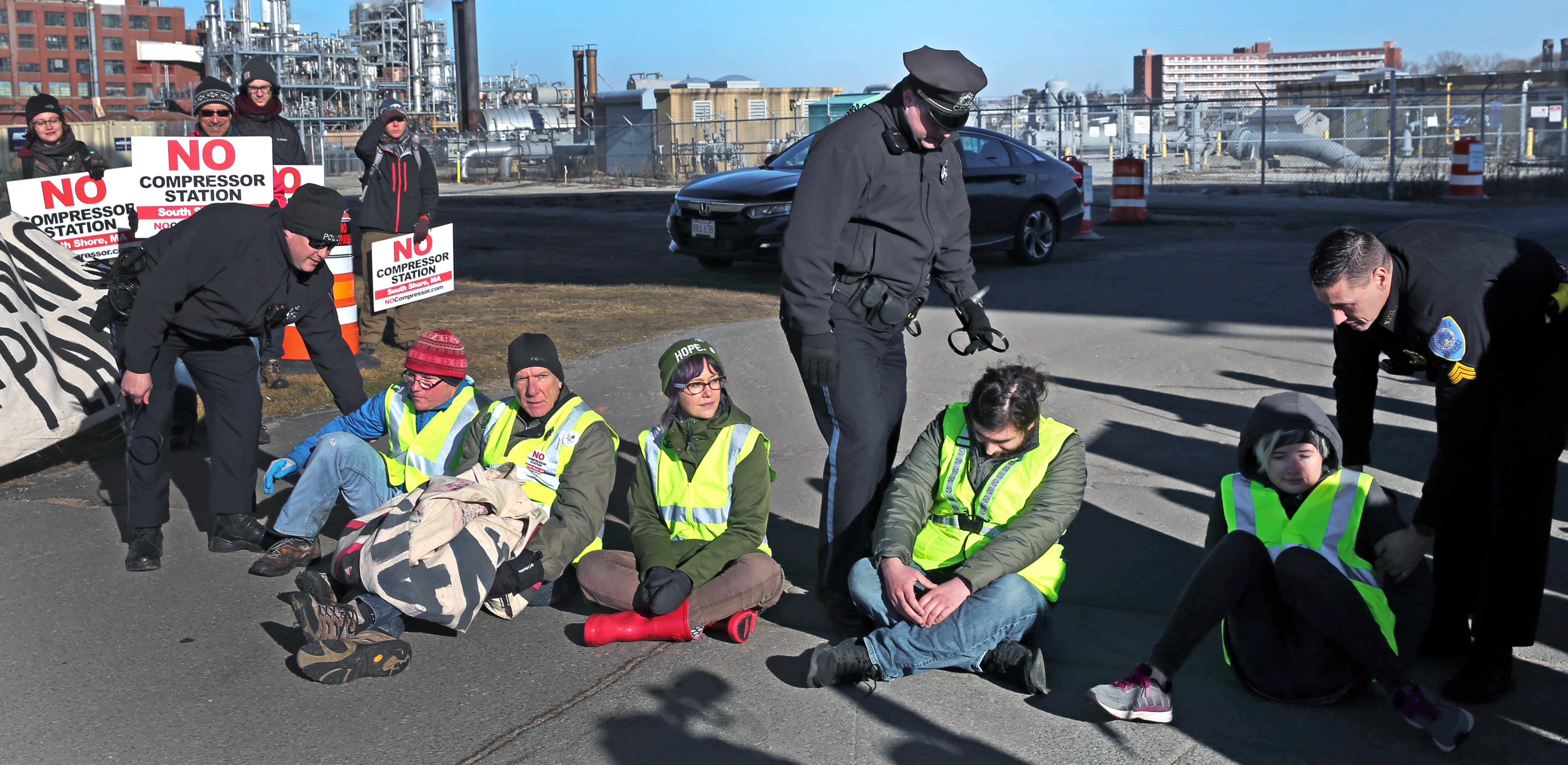 Police arrested a group of protesters in January for blocking a cement mixer at the compressor station.