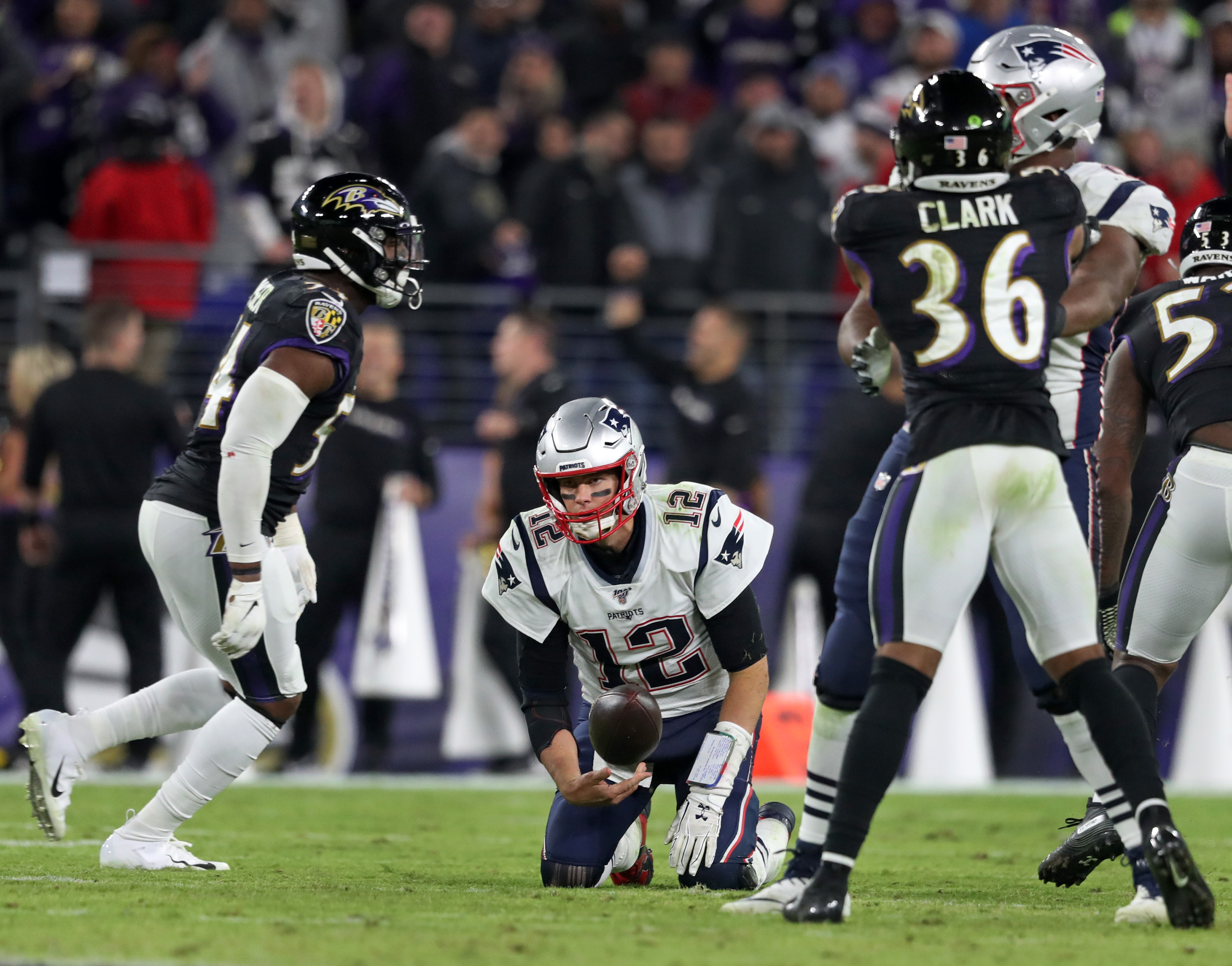 Patriots quarterback Tom Brady tossed the ball away after being sacked in the fourth quarter by the Baltimore Ravens on Nov. 3. The Patriots lost 37-20 in the game at Baltimore’s M&T Bank Stadium.