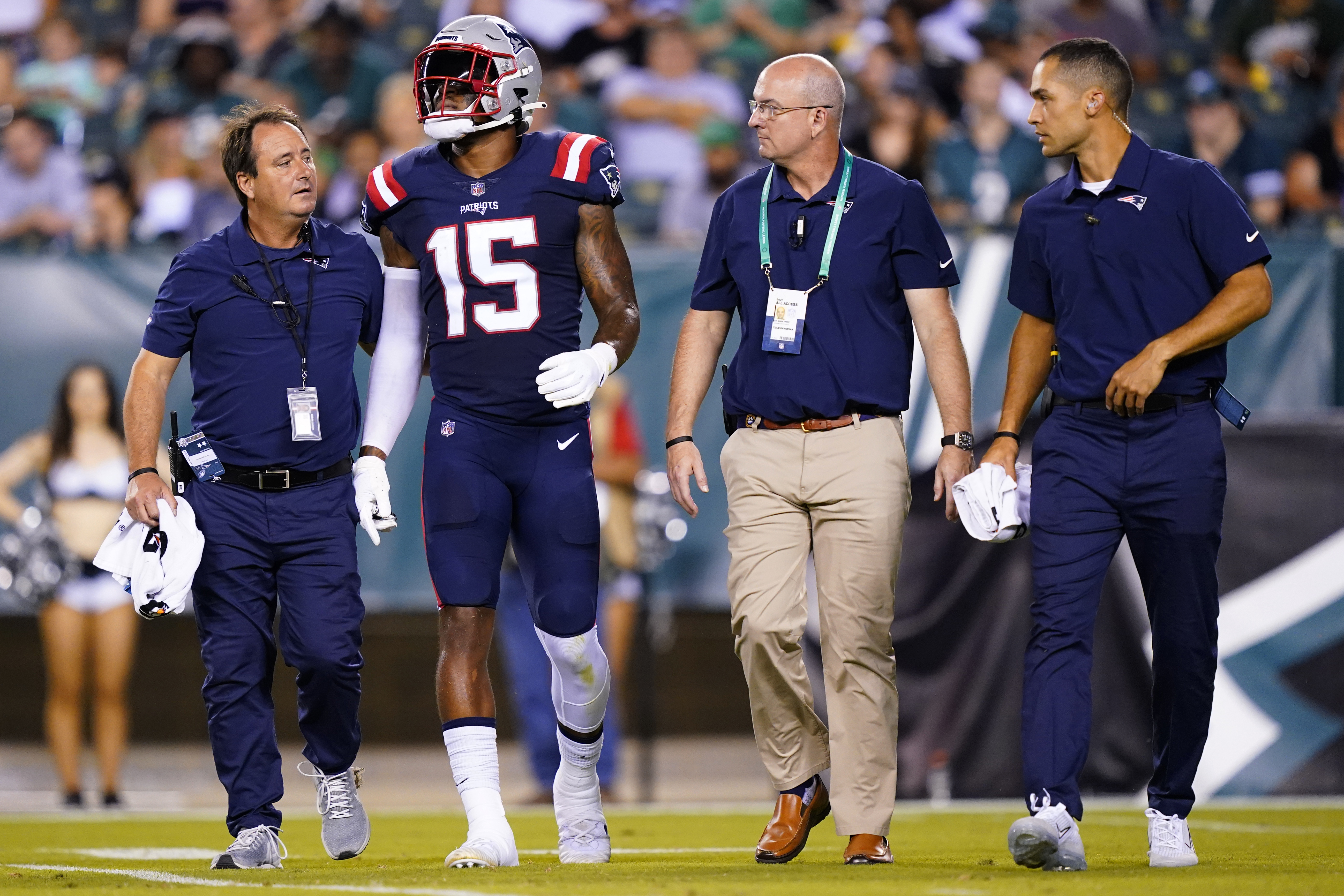 New England Patriots wide receiver N'Keal Harry grabs a pass an