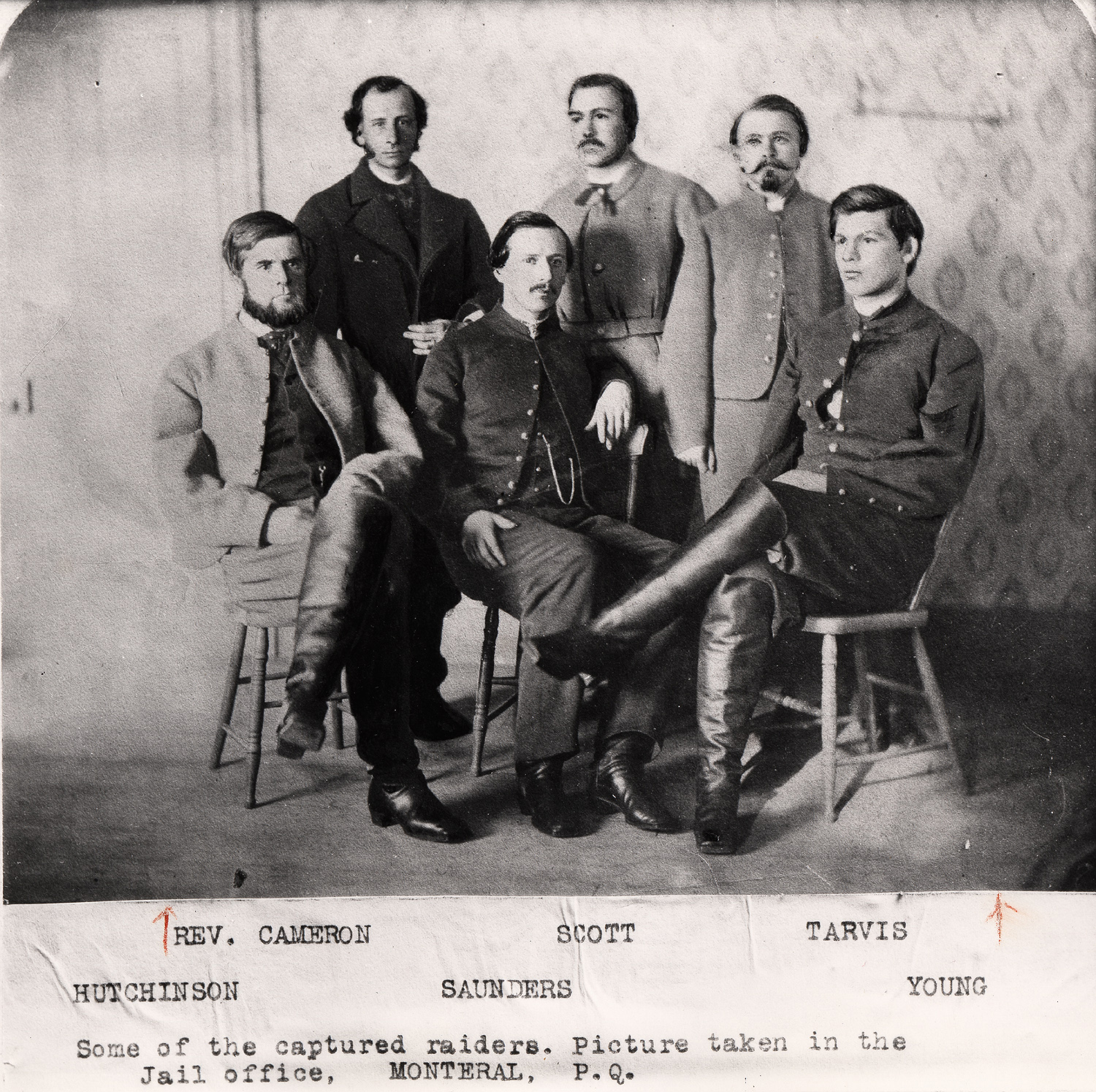 Lt. Bennett Young, seated at right, and several other Confederates who raided St. Albans banks pose for a photograph while awaiting trial in Canada. CREDIT: VERMONT HISTORICAL SOCIETY (these images originally appeared in Frank Leslie's magazine)