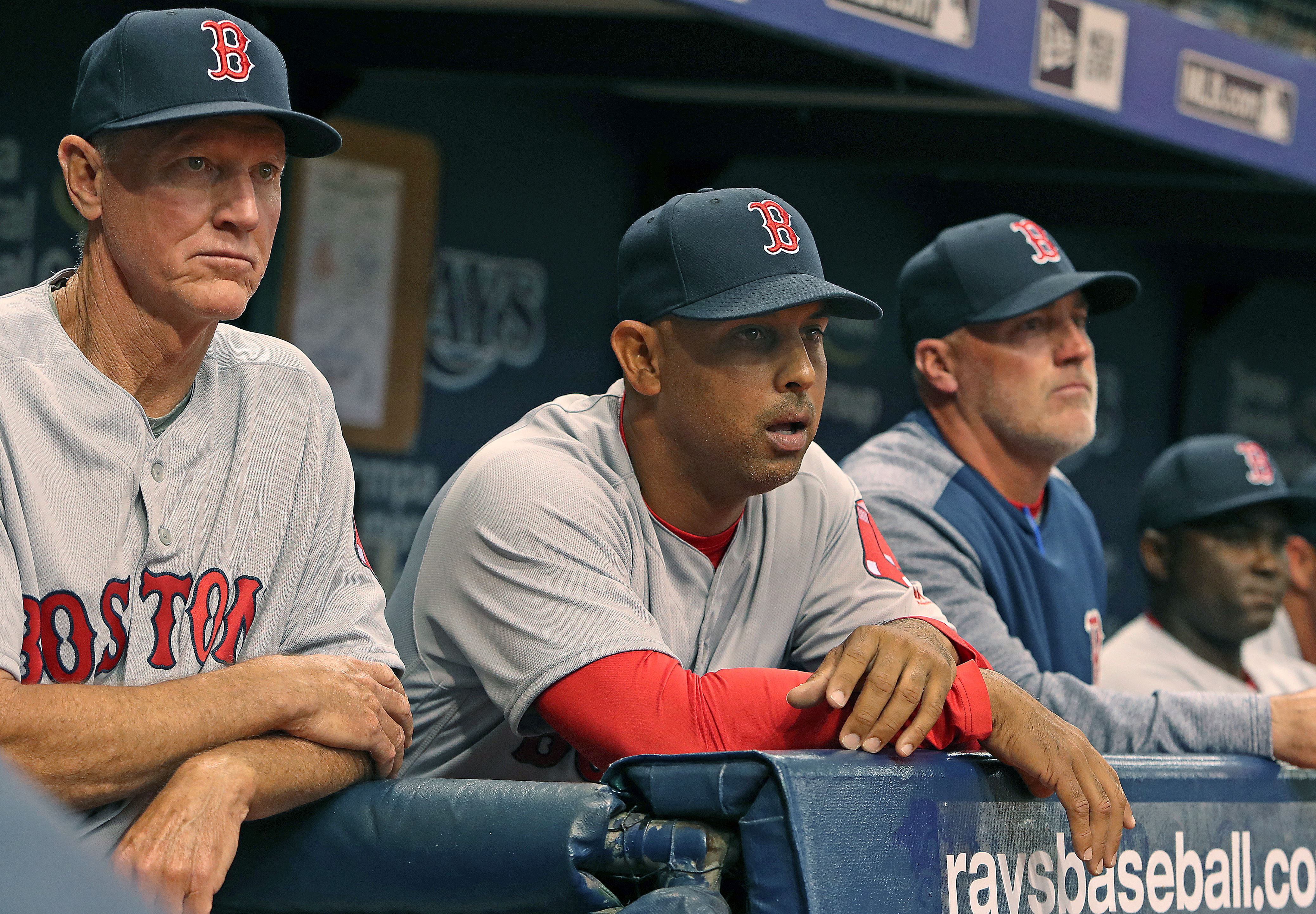 Ron Roenicke (left) was bench coach for the two seasons Alex Cora (center) managed the Red Sox.