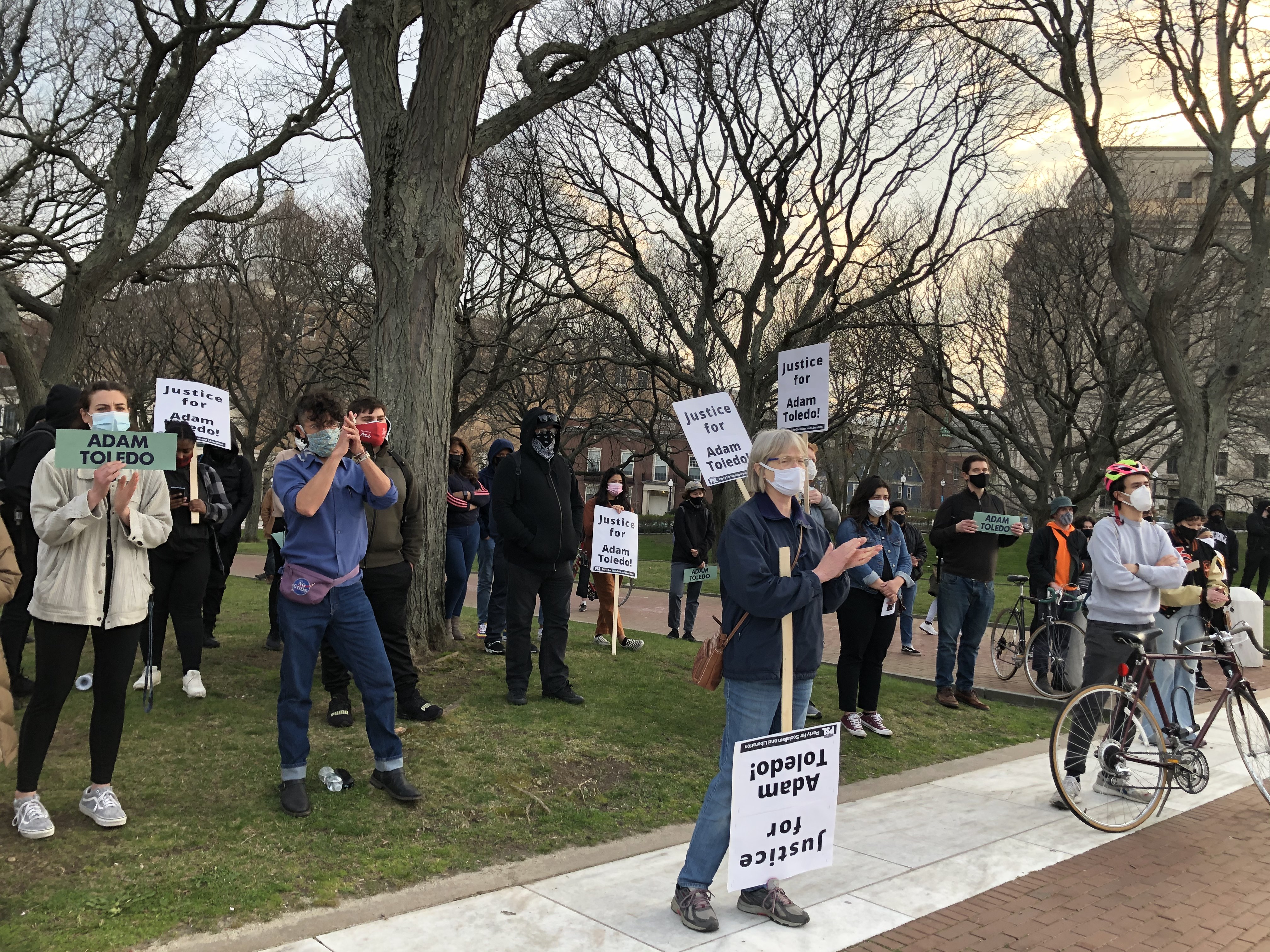 About 100 people gathered in Providence Monday April 19, 2021, to protests against police killings of black and brown people nationwide.