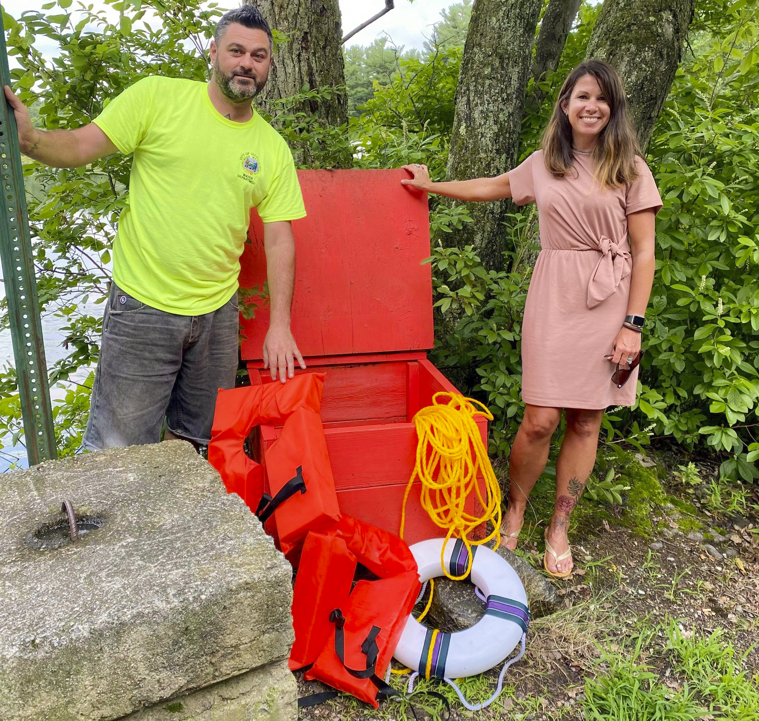 Frank Lopriore and Tara Caramanica teamed up with a group of friends to assemble boxes of safety equipment to honor the late Worcester police Officer Enmanuel “Manny” Familia and Troy Love, who both drowned in a pond in Worcester in June.