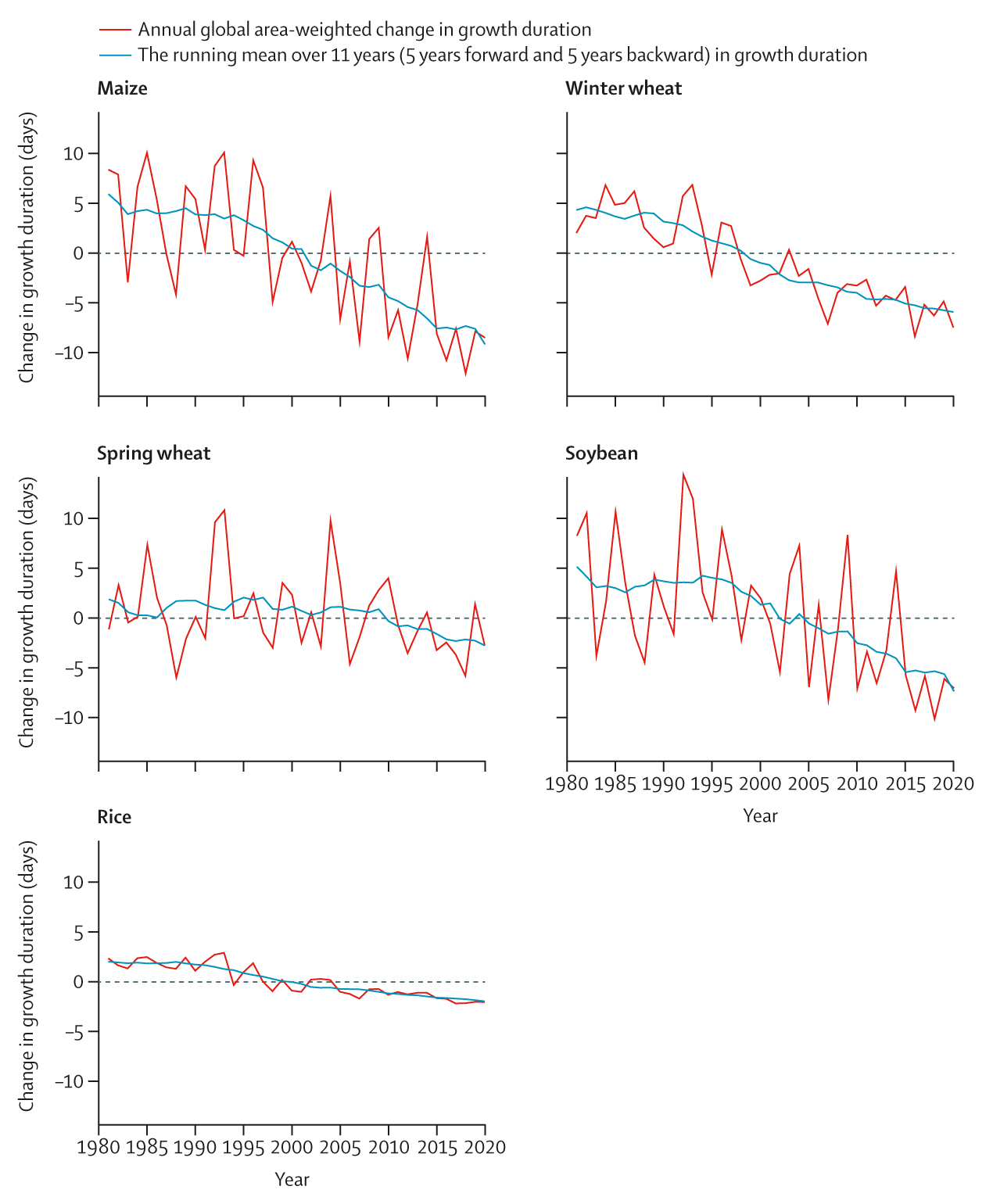These charts show the change in crop growth duration relative to the 1981–2010 global average. The grey line represents the annual global area-weighted change in crop growth duration. The blue line represents the running average of change in crop growth duration over 11 years (5 years before and 5 years after).