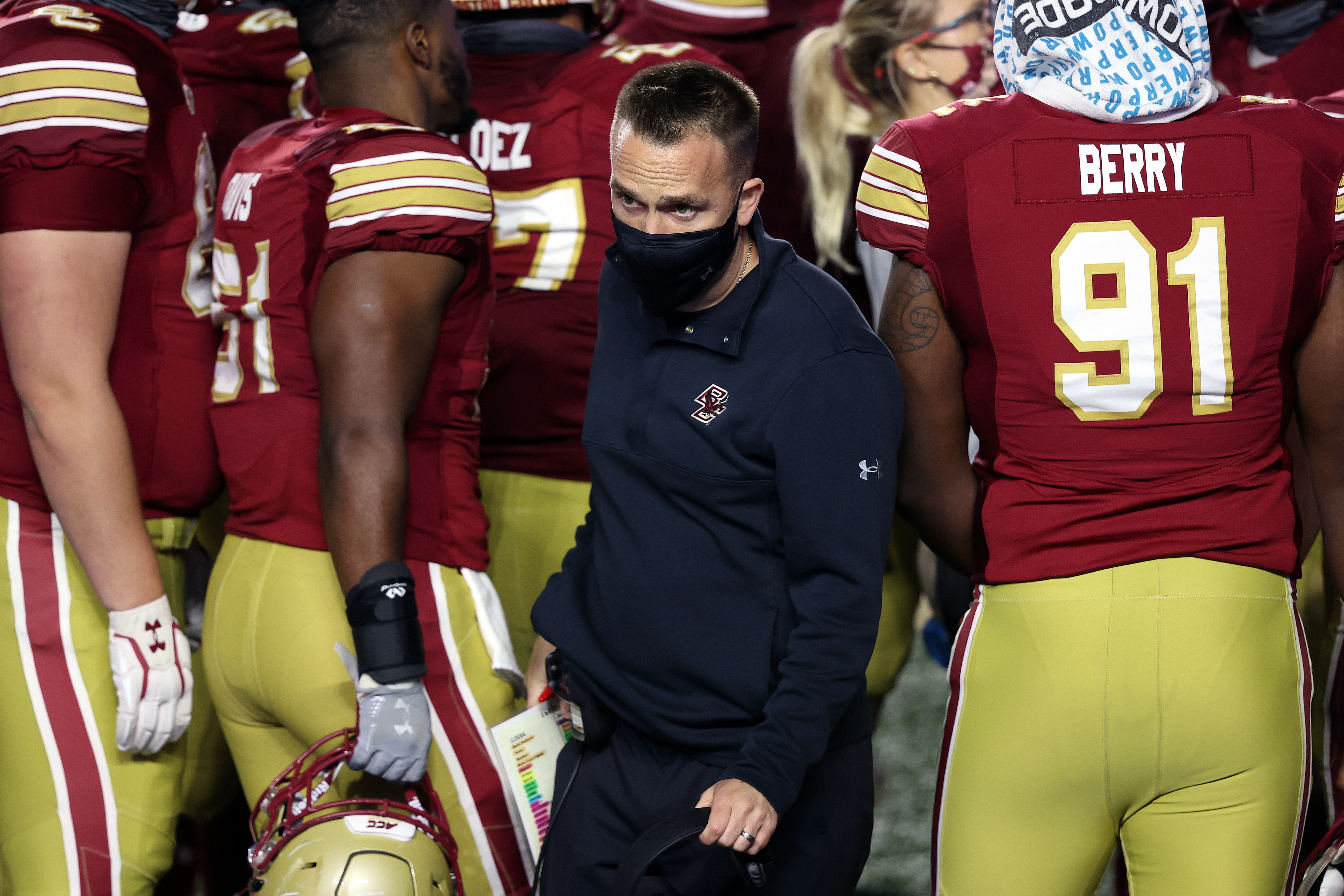 BC head coach Jeff Hafley exits a team huddle during the win over Georgia Tech.