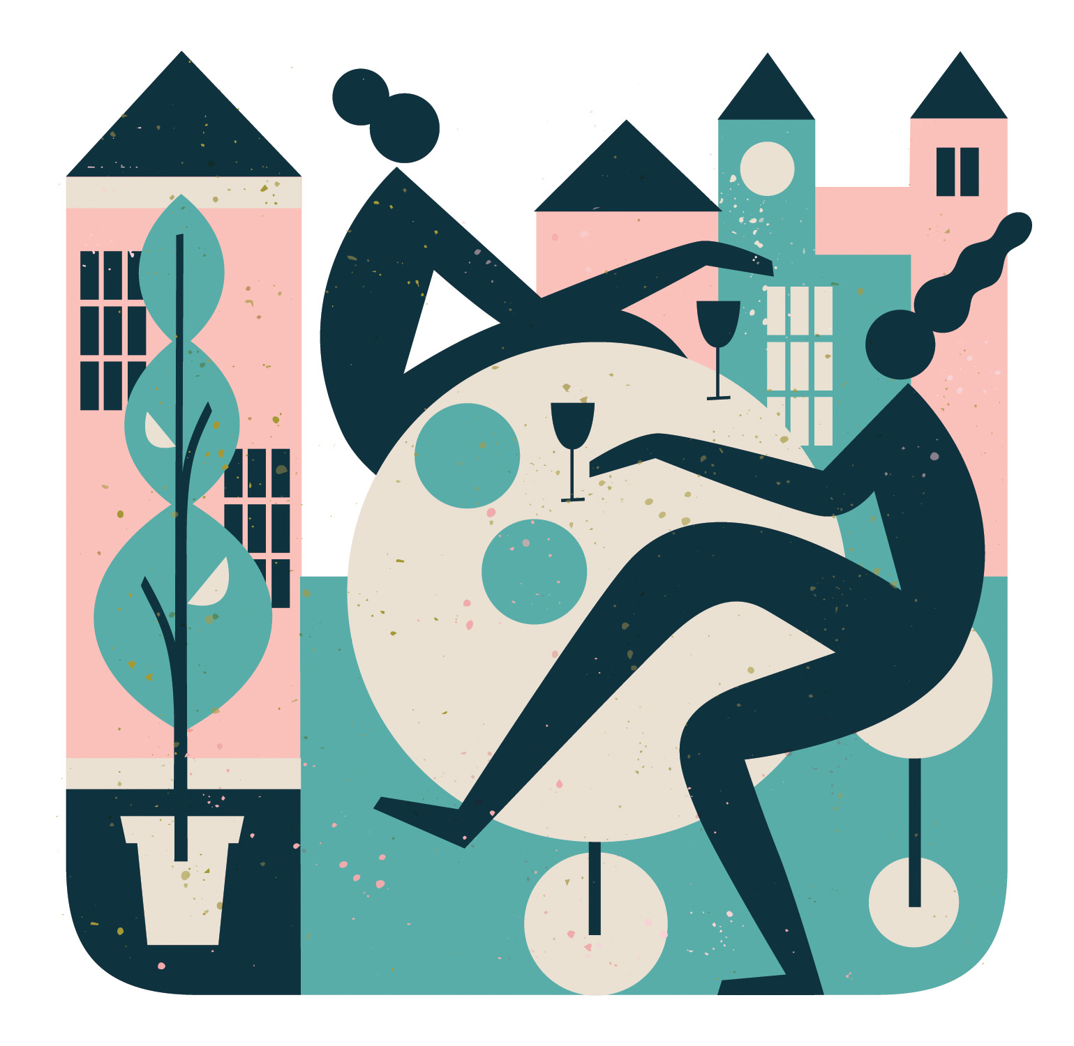 Spot illustration of a city trip. Drawing of two people sitting at a table dining.