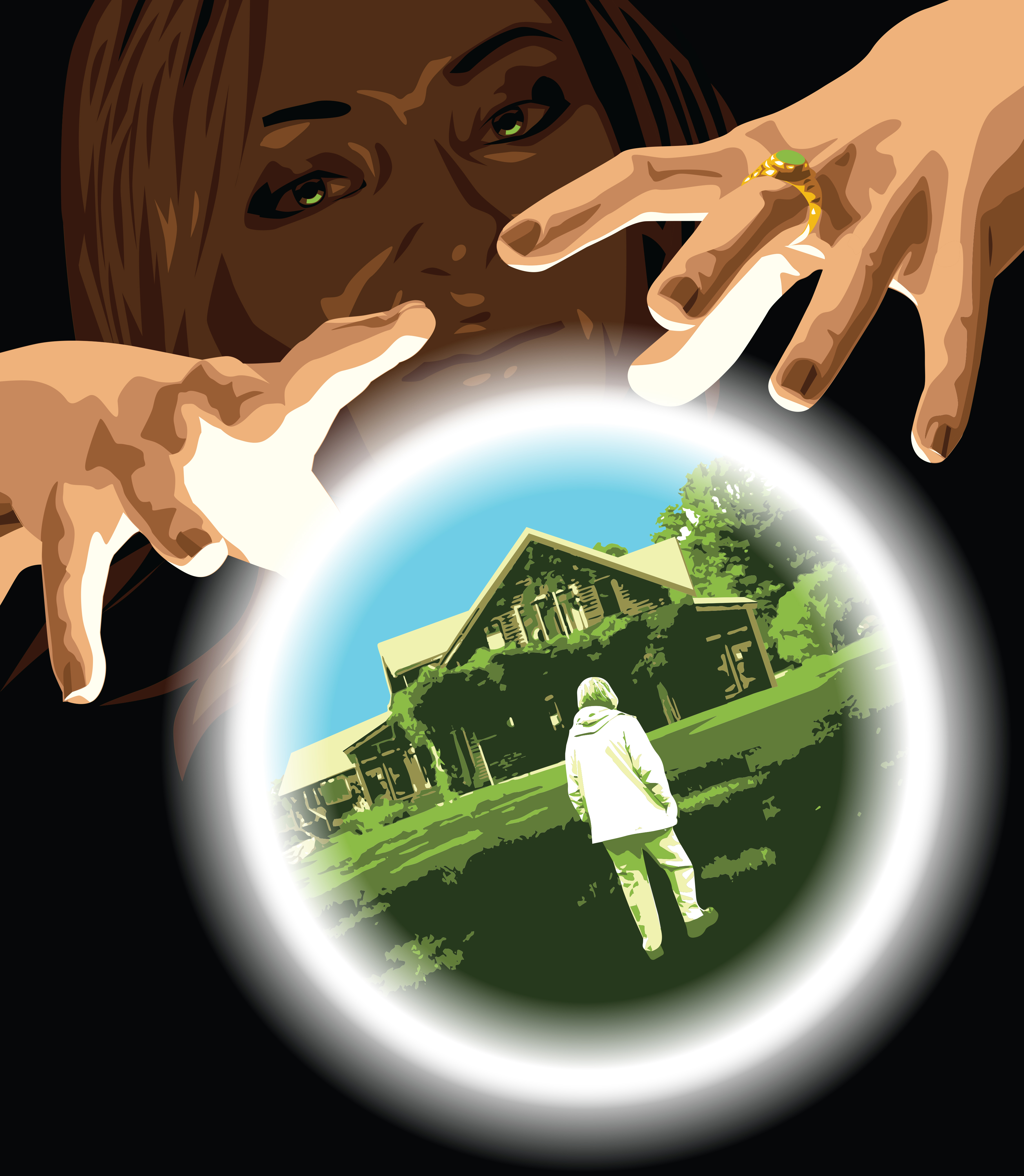 Illustration of a psychic looking into a crystal ball that shows a person outside a house.