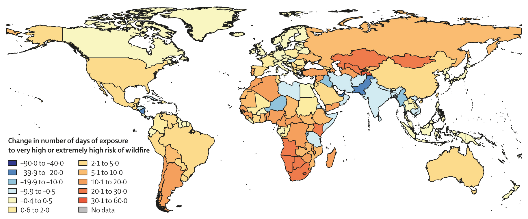 This map shows the average change in the number of days with very high and extremely high risk of wildfire from 2001–04 to 2017–20 for each country or territory, weighted by the annual population. Large urban areas with a population density ≥400 persons/km2 are excluded in the calculations of population-weighted mean values. Very high and extremely high risk is defined by the fire weather index.