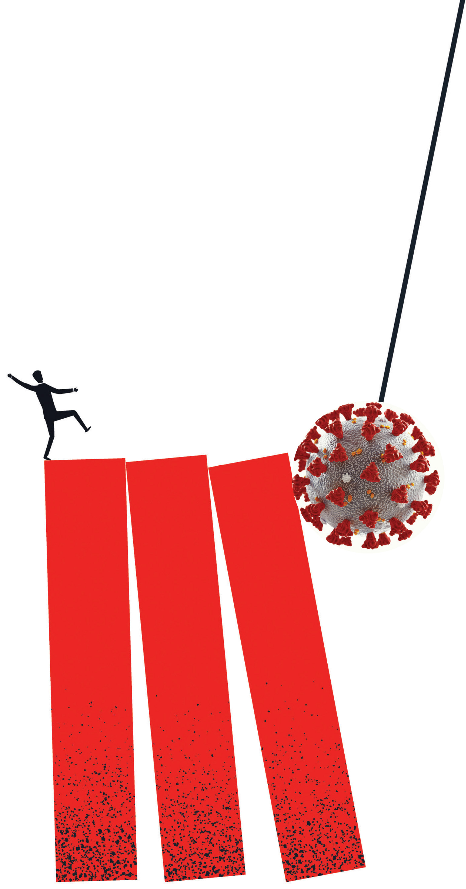 An illustration of a student teetering on top of a group of books, which is being hit by a wrecking ball that looks like a coronavirus.