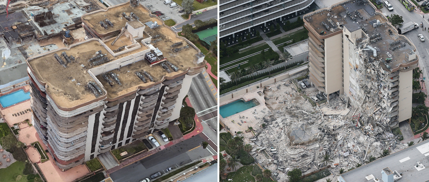 A rendering of the building from Google Maps (left) and a view of what now remains of the structure.