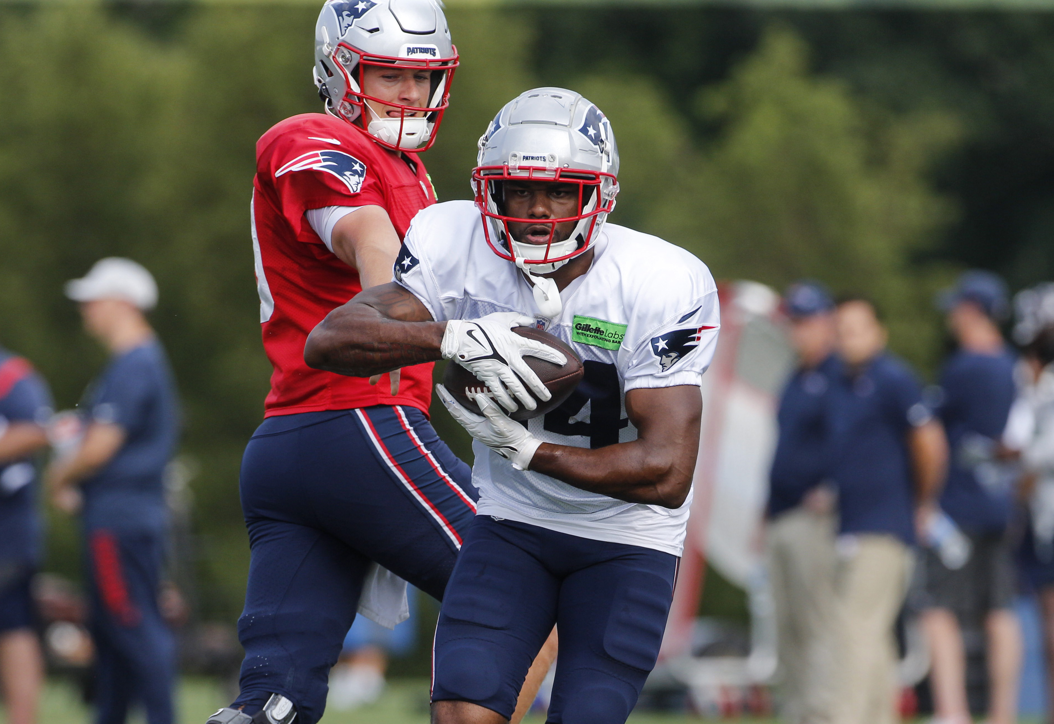 New England Patriots running back Pierre Strong Jr. (35) during warmups  prior to an NFL football