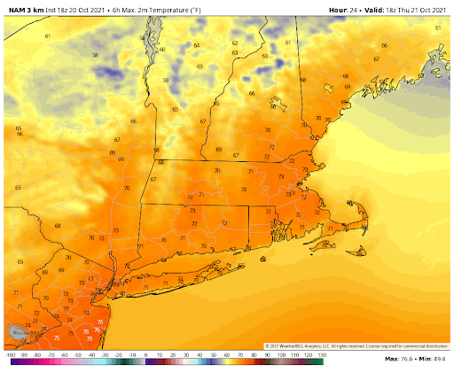 Predicted highs for October 21 this year from the NAM model.