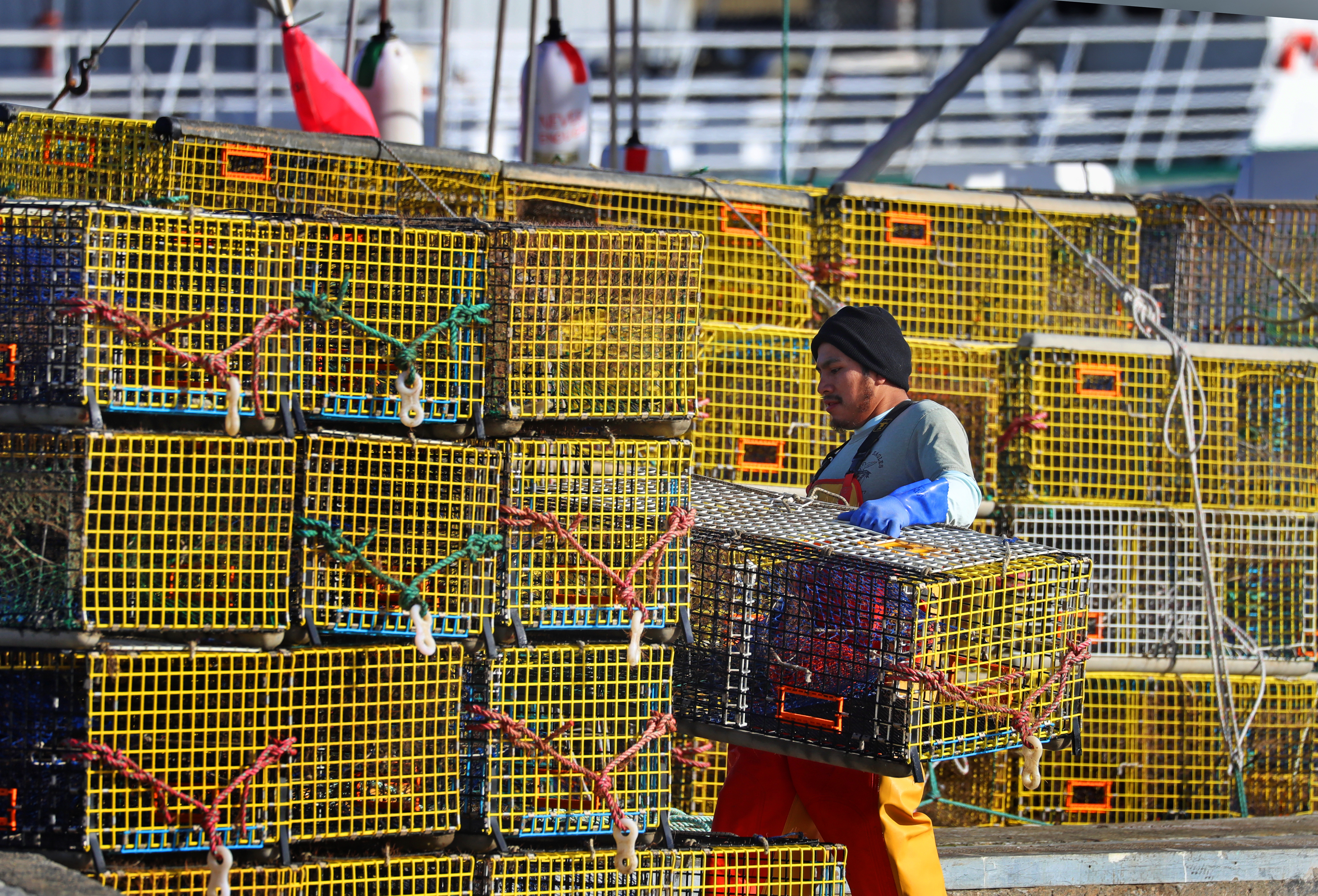 Alex Ortiz, a crew member of Never Enough, removed lobster traps from the fishing vessel onto the pier at the New Bedford waterfront.