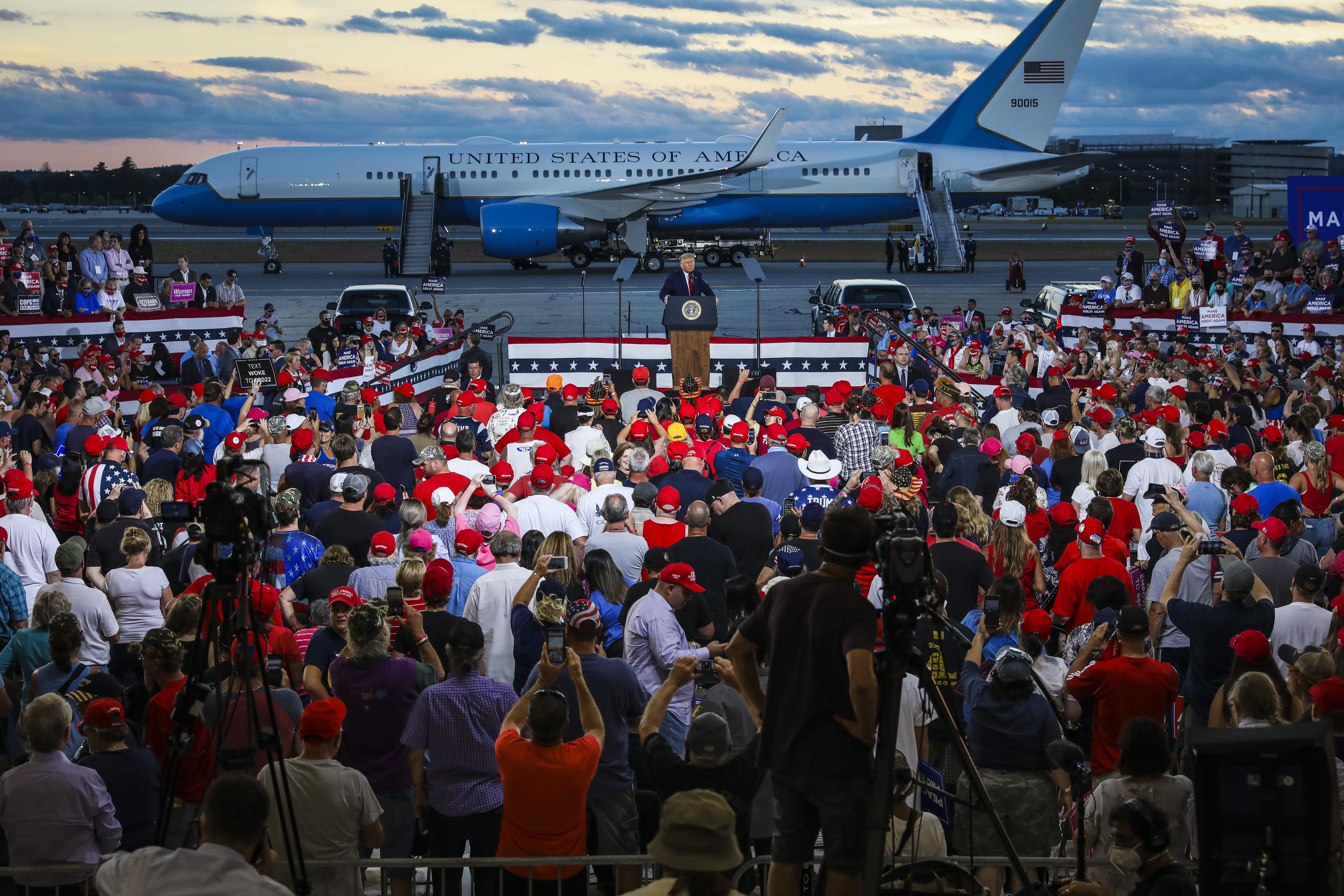 President Trump held a campaign rally in an airport hangar on Friday evening.