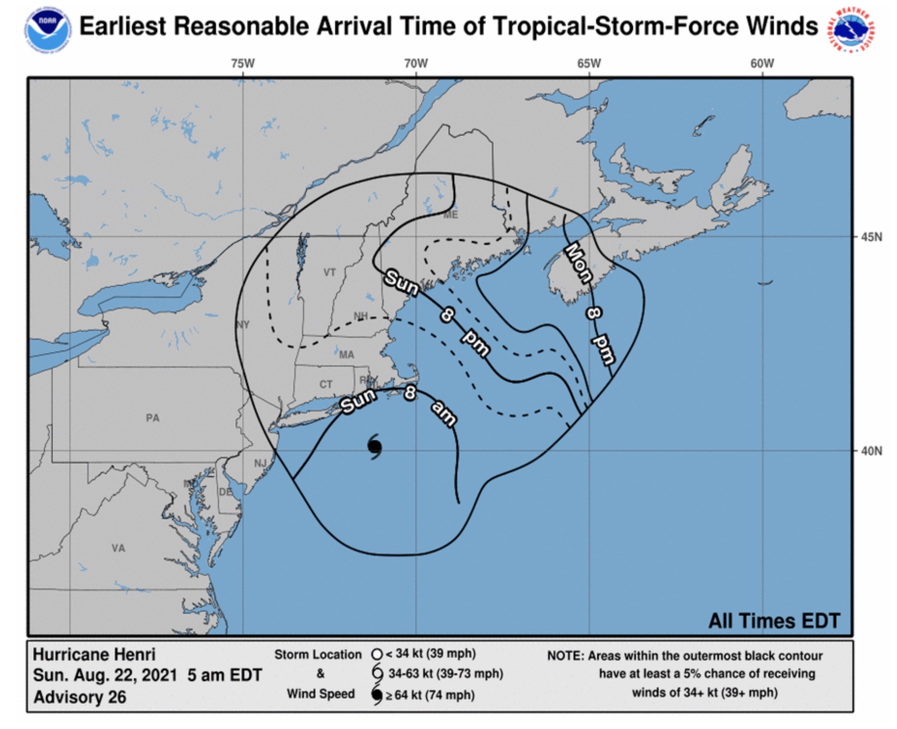 The earliest reasonable arrival times of tropical storm force winds.