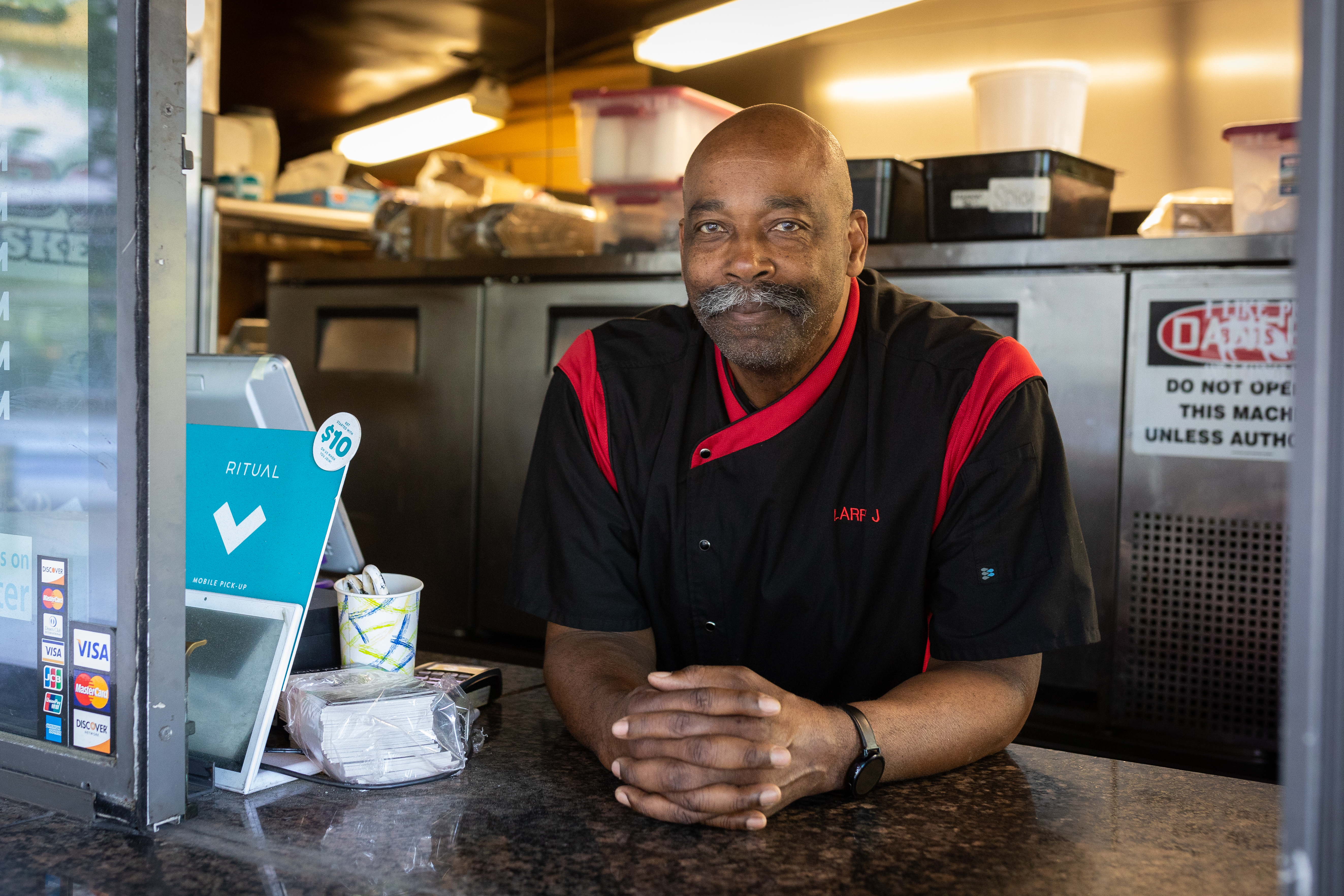 Larry Jimerson, the owner of Larry J's BBQ Cafe in the Seaport.