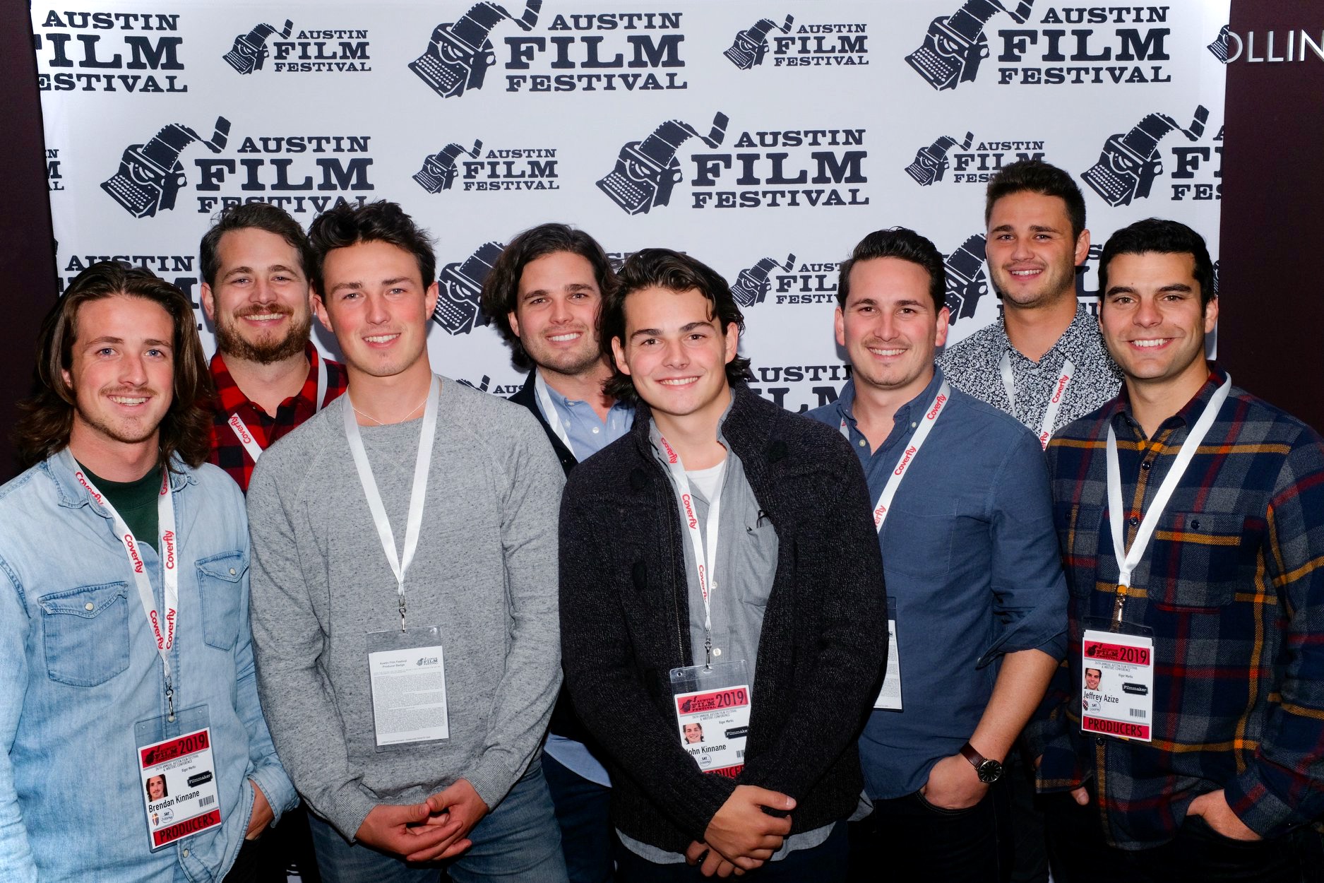 From left: Brendan Kinnane, Charles Kinnane, Peter Kinnane, William Kinnane, John Kinnane, Dan Kinnane, Patrick Kinnane, and Jeffrey Azize at the Austin Film Festival in 2019.