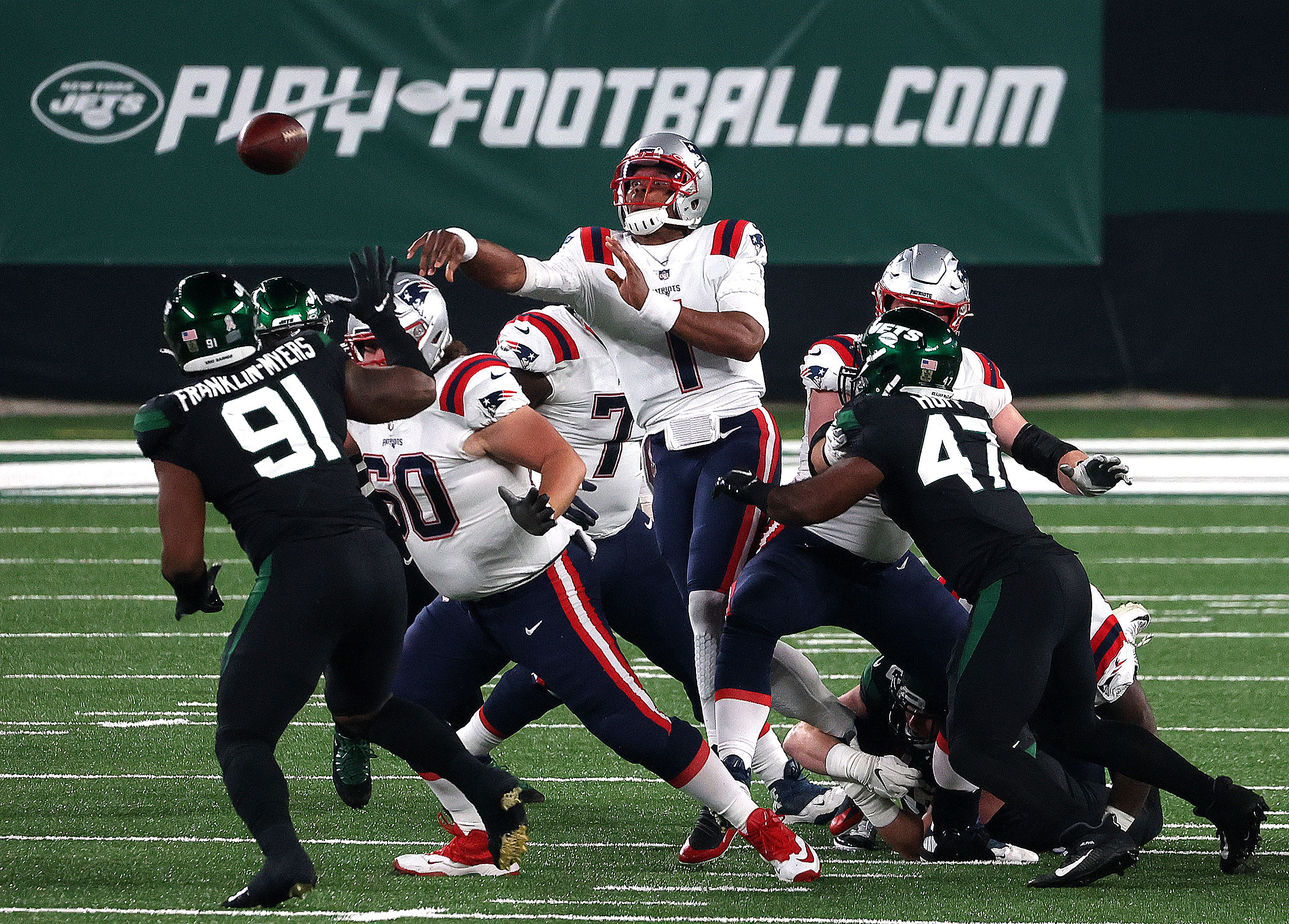Cam Newton gets a pass off for a first down during the Patriots' win over the Jets on Monday.