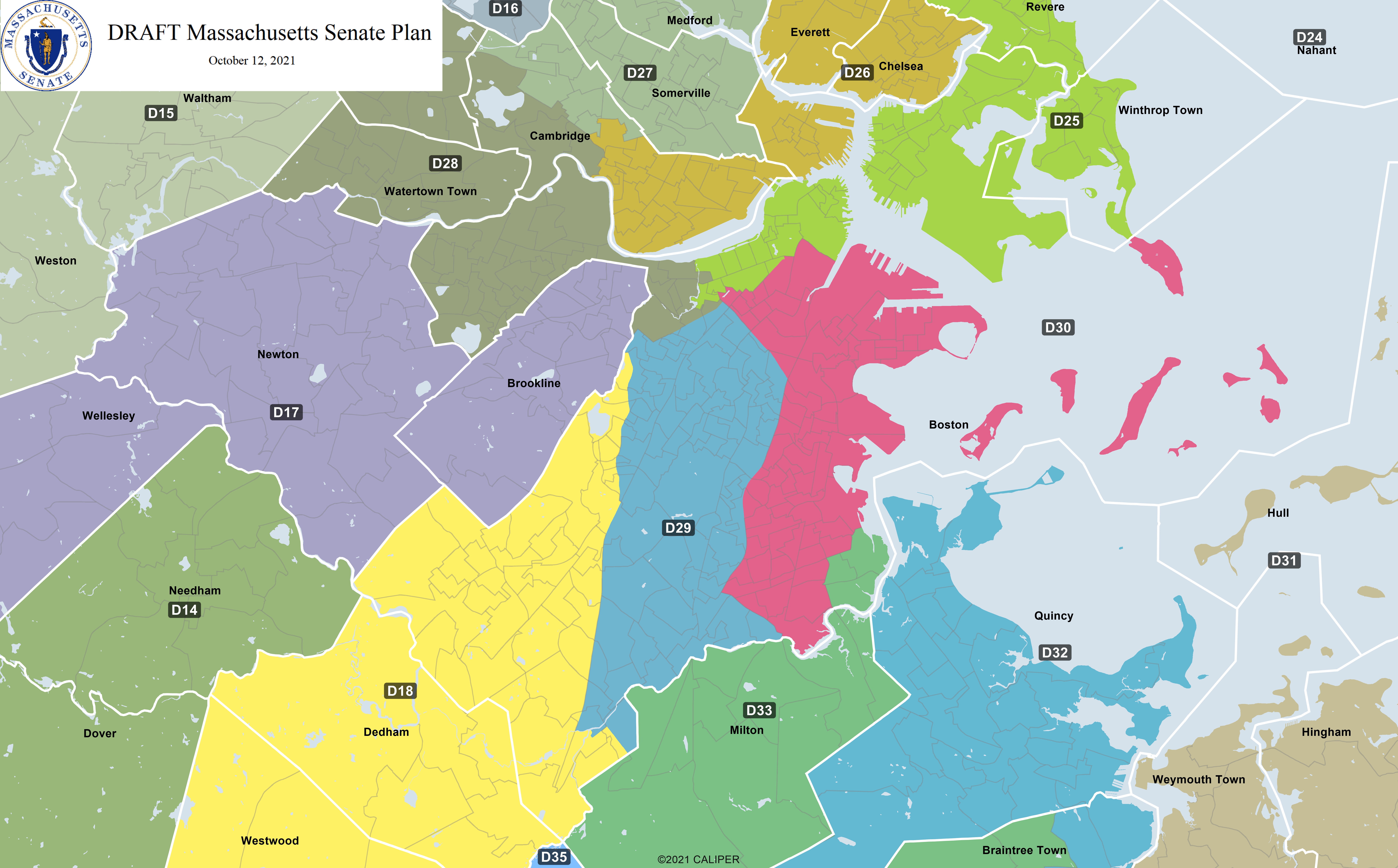 Proposed Massachusetts Senate redistricting map, showing Boston.