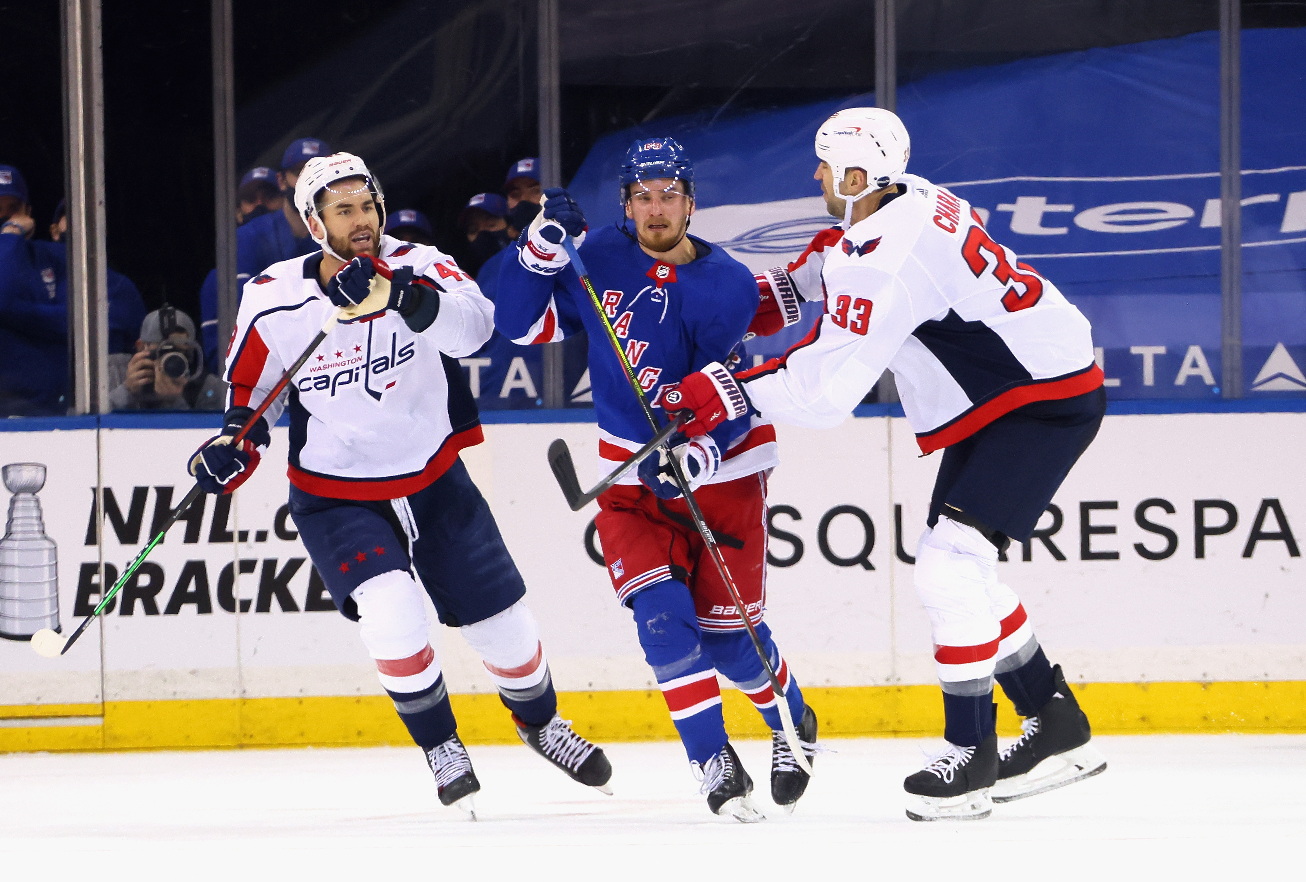 Former Bruins captain and Capitals defenseman Zdeno Chara, right, stayed silent on Tom Wilson's (left) antics.