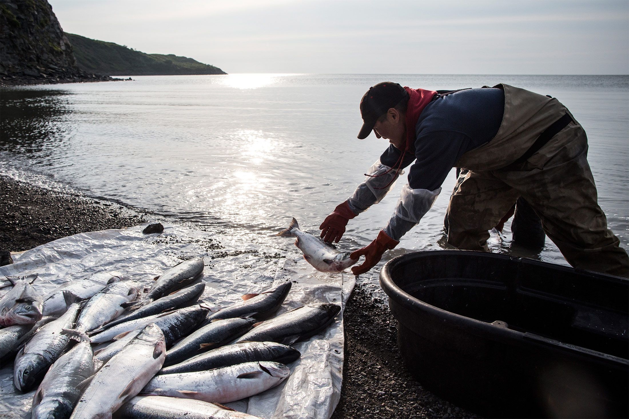 A fisherman with freshly caught salmon in Newtok in 2015.
