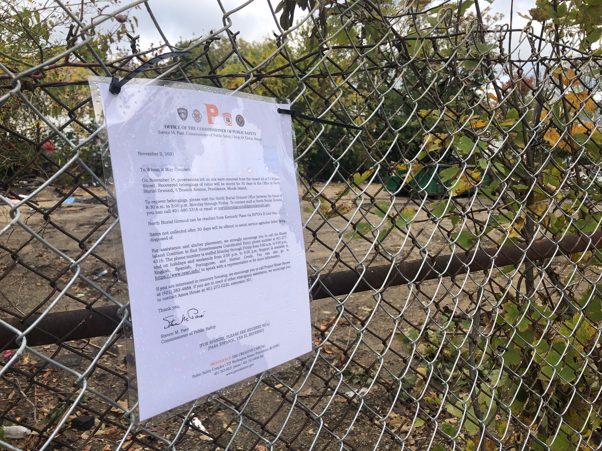Days before the Nov. 1 deadline for people living there to leave, the city on Oct. 28 removed a homeless encampment on Providence’s West End, moving tents into storage and erecting new fence around the site.
