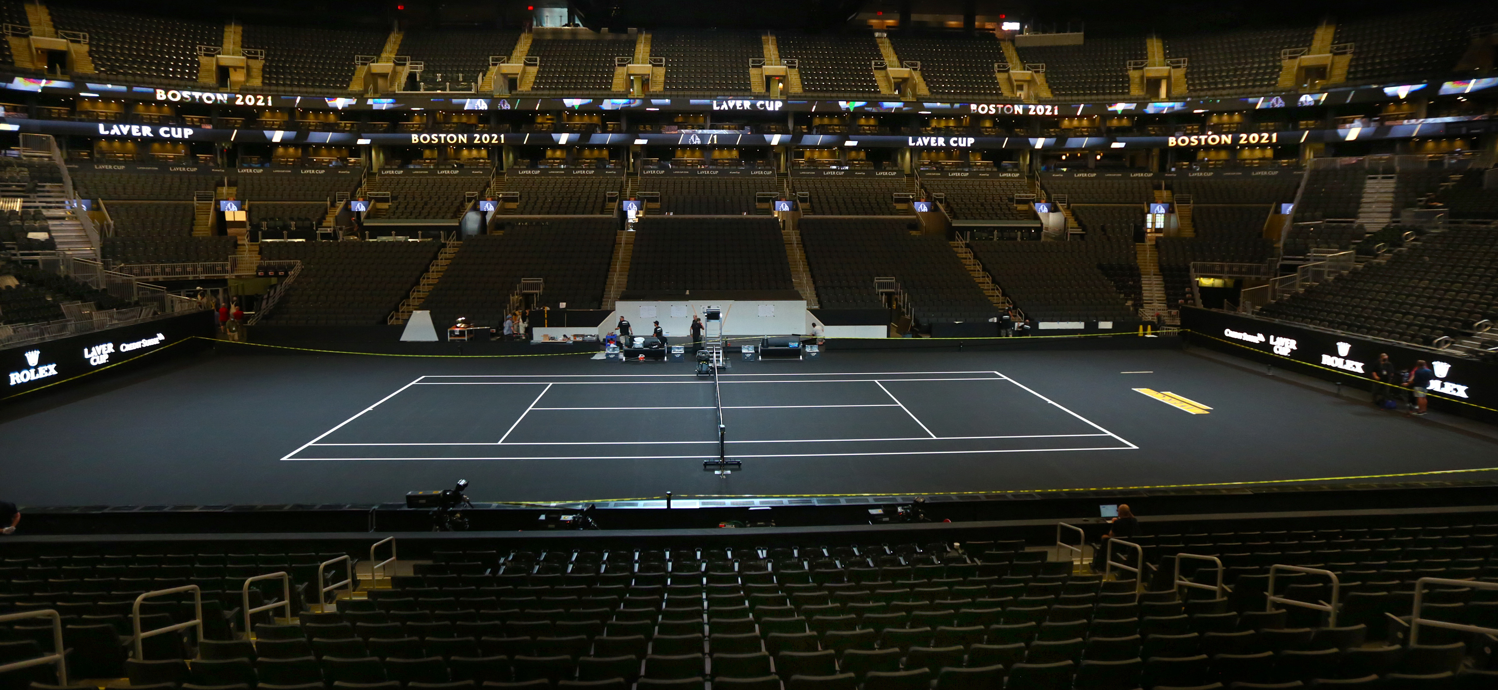 A snazzy black tennis court is in place at TD Garden for this weekend's tournament.