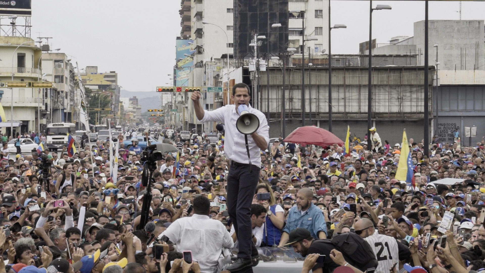 Interim Venezuelan President Juan Guaidó addresses an opposition rally in 2019.