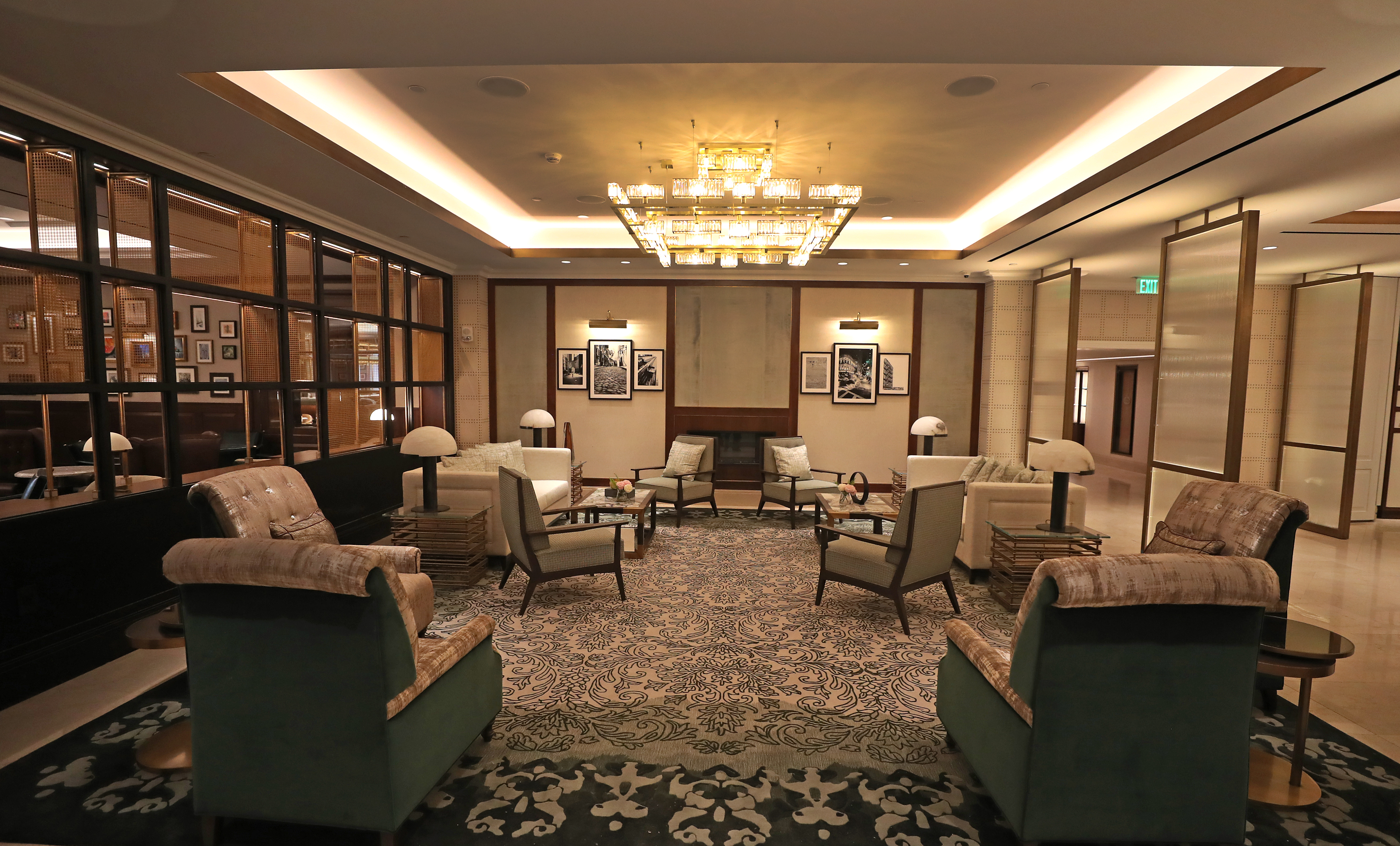 Front lobby seating area by fireplace.