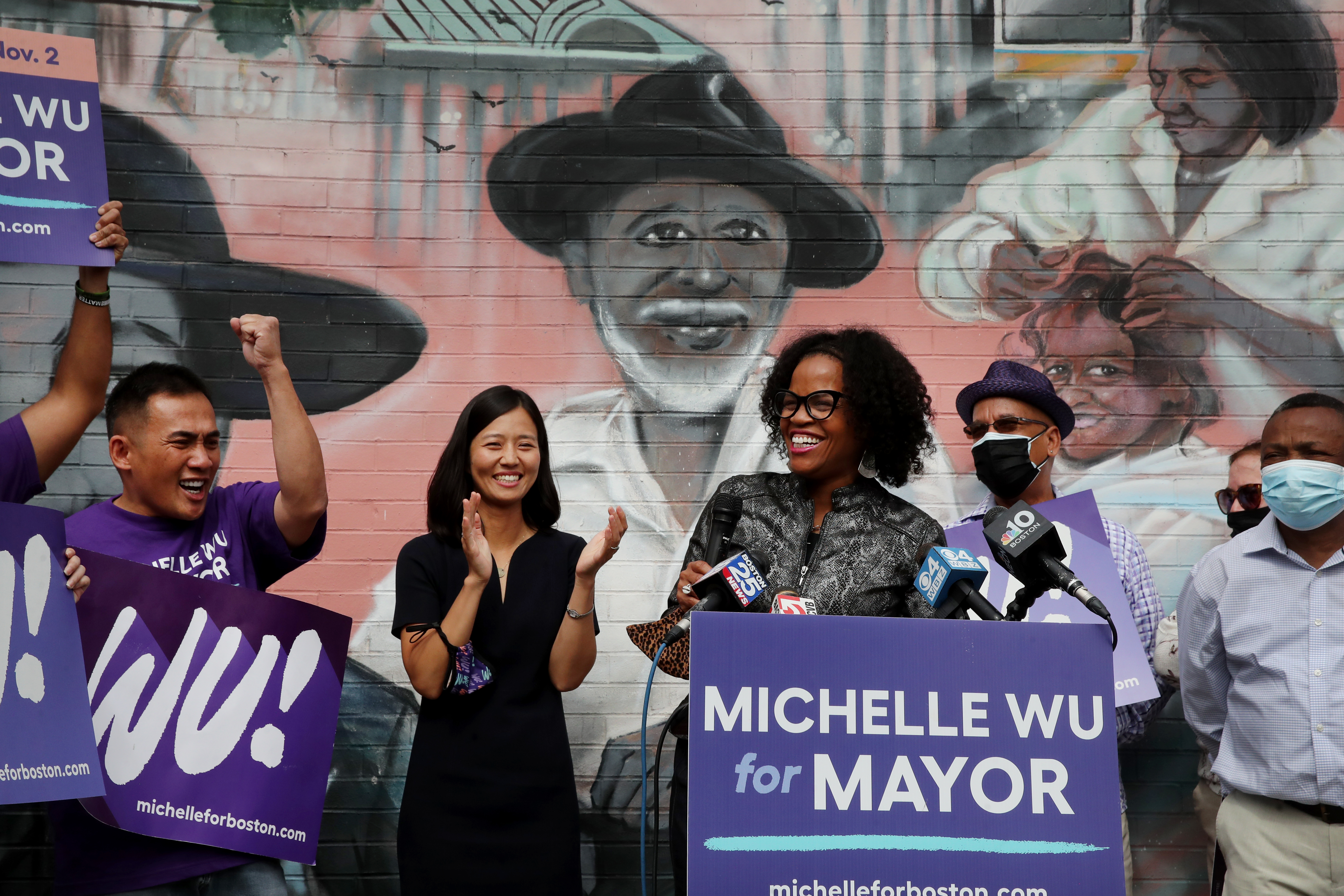 At-Large City Councilor and mayoral candidate Michelle Wu listened as Acting Mayor Kim Janey talked about why she endorsed Wu during an event in the Roxbury.